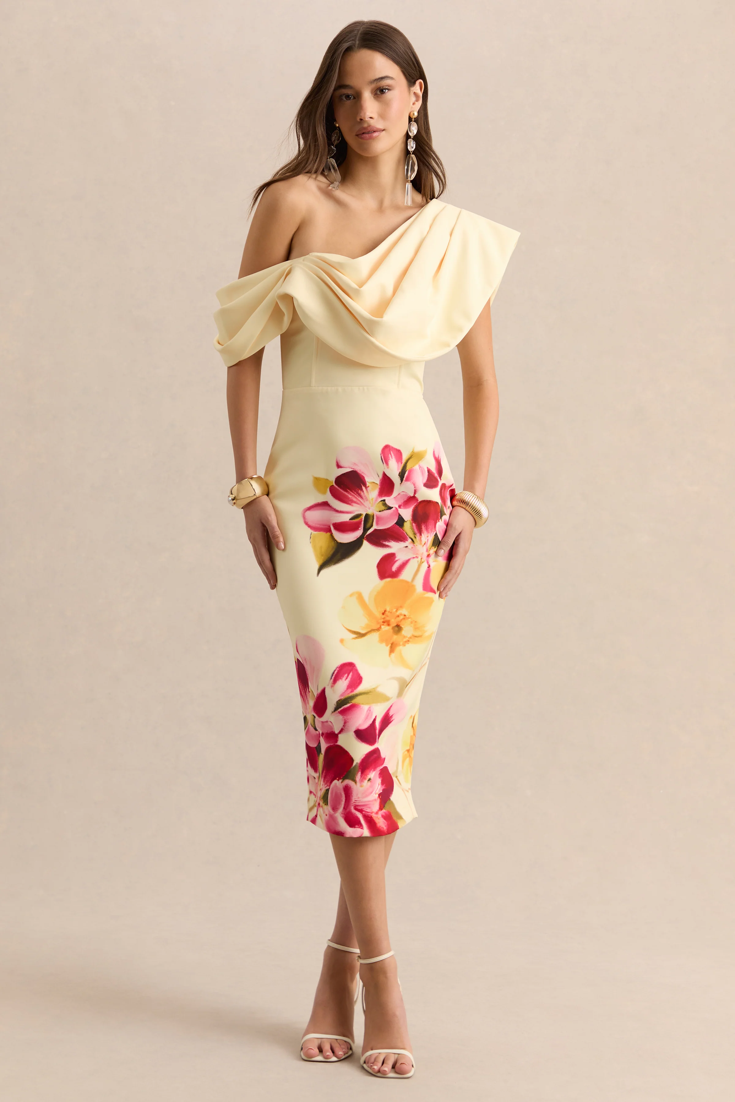 Adrina | Robe mi-longue à une épaule drapée avec imprimé floral rose fuchsia et citron