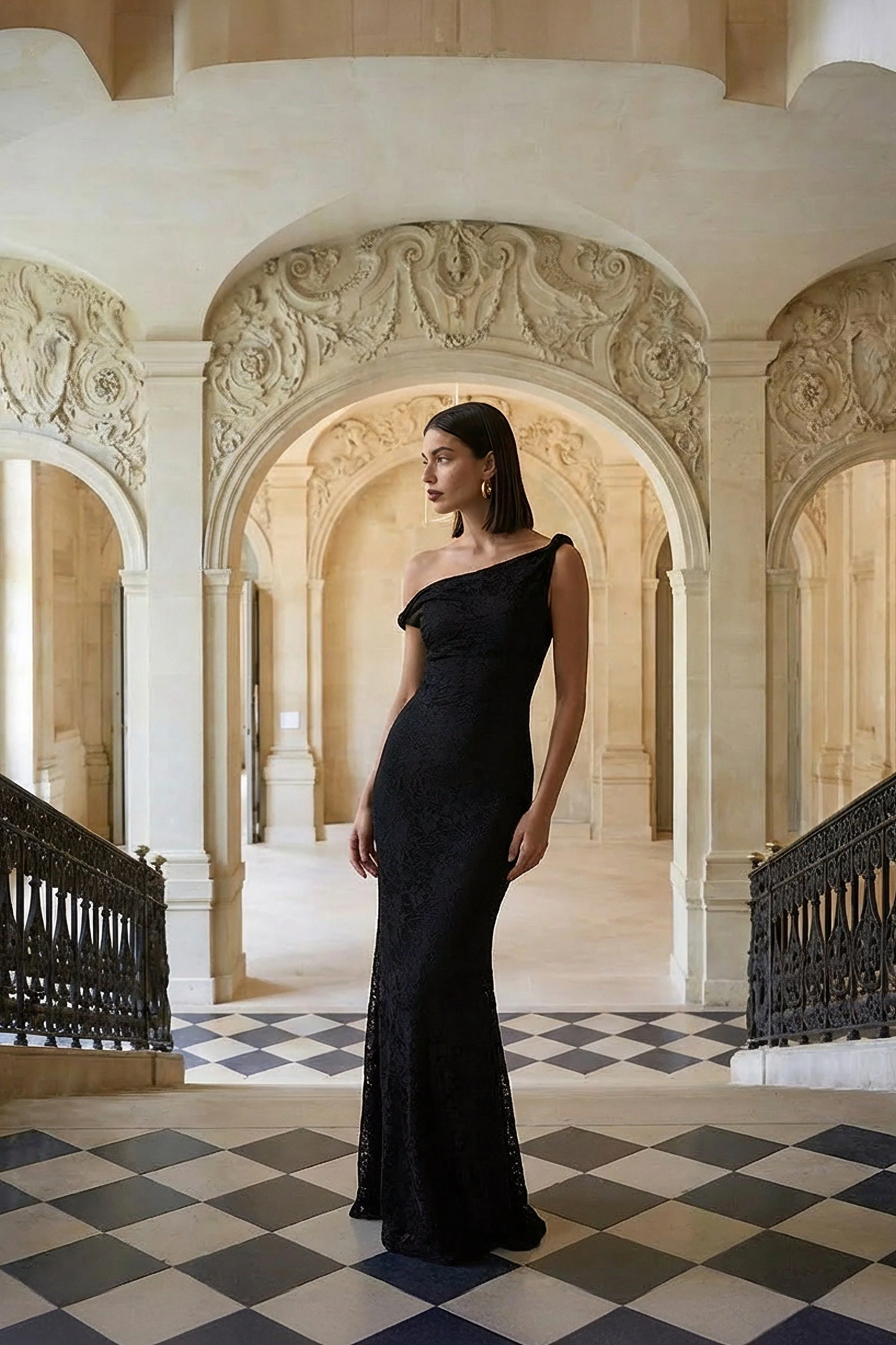 Afina | Robe longue en dentelle noire à encolure asymétrique - Image 9