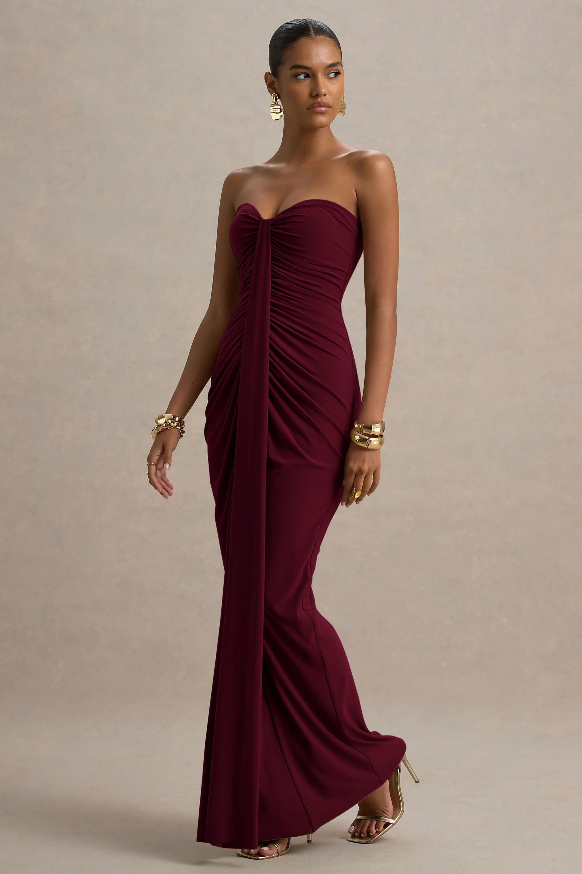 Ali | Robe Longue Bordeaux à Décolleté Cœur Froncé avec Détail Drapé - Image 4