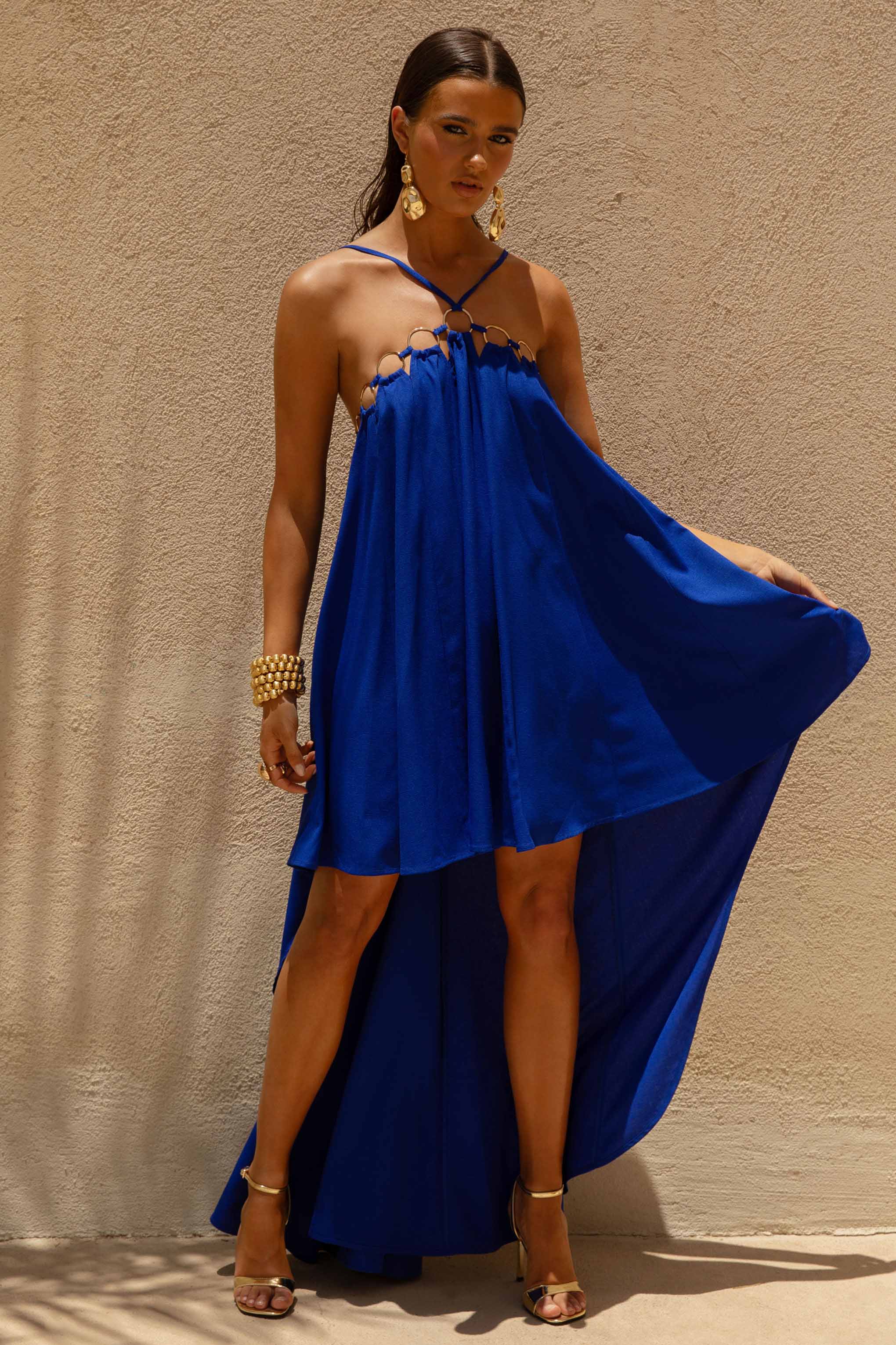 Amiya | Robe Longue Évasée en Lin Bleu avec Détails Découpés - Image 4
