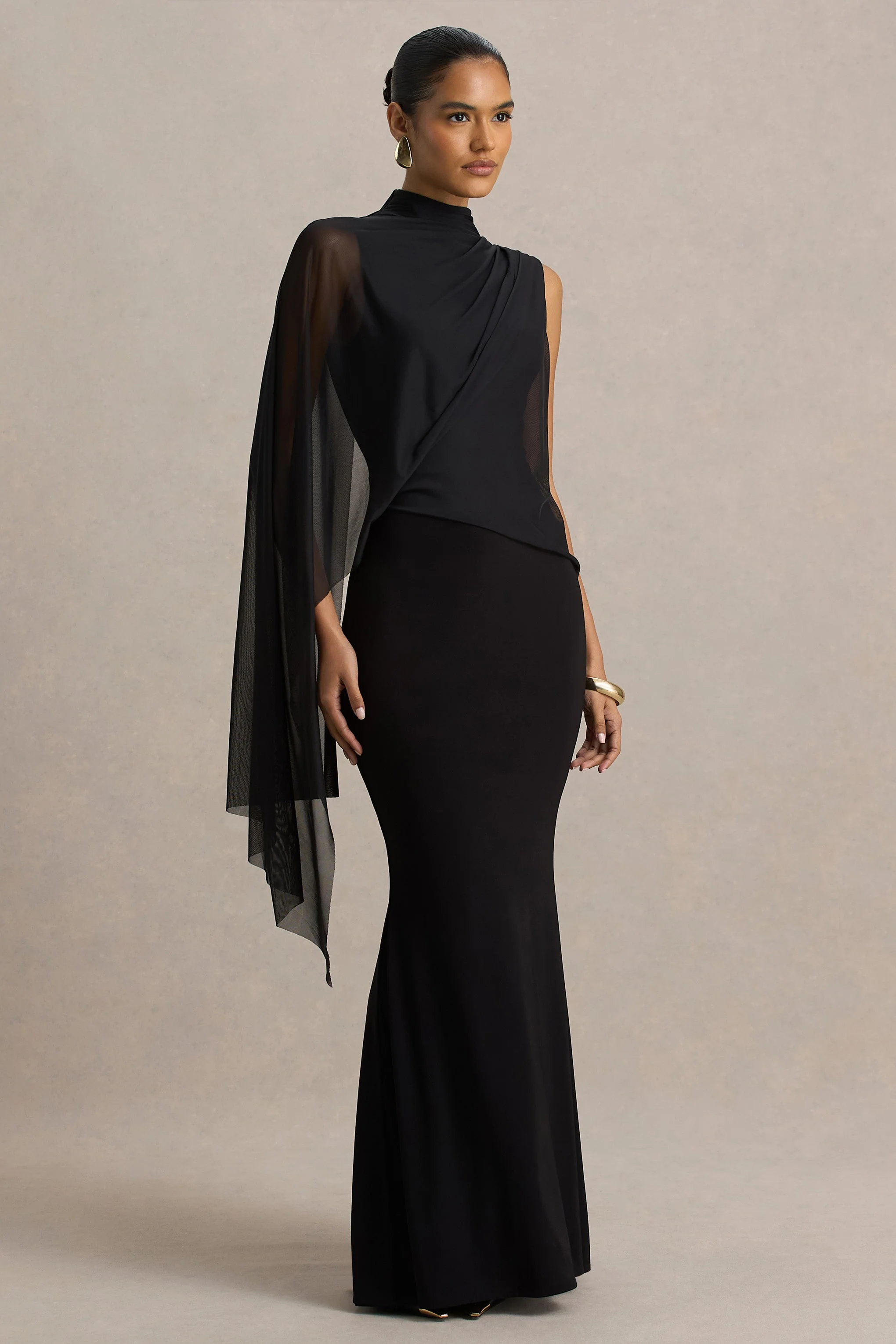 Amour | Robe longue noire à col montant avec détails cape en tulle - Image 5