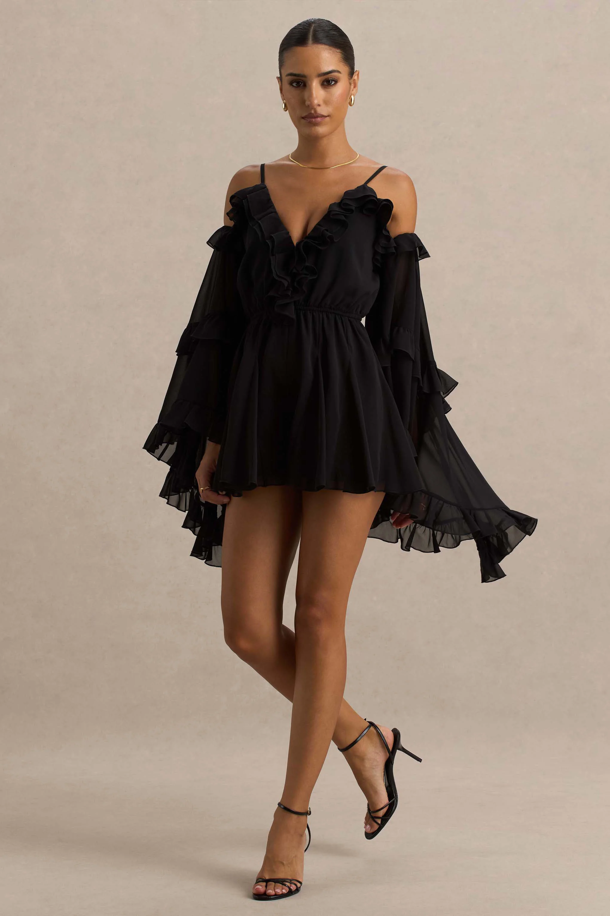 Anaya | Combishort noire en mousseline avec manches longues - Image 4
