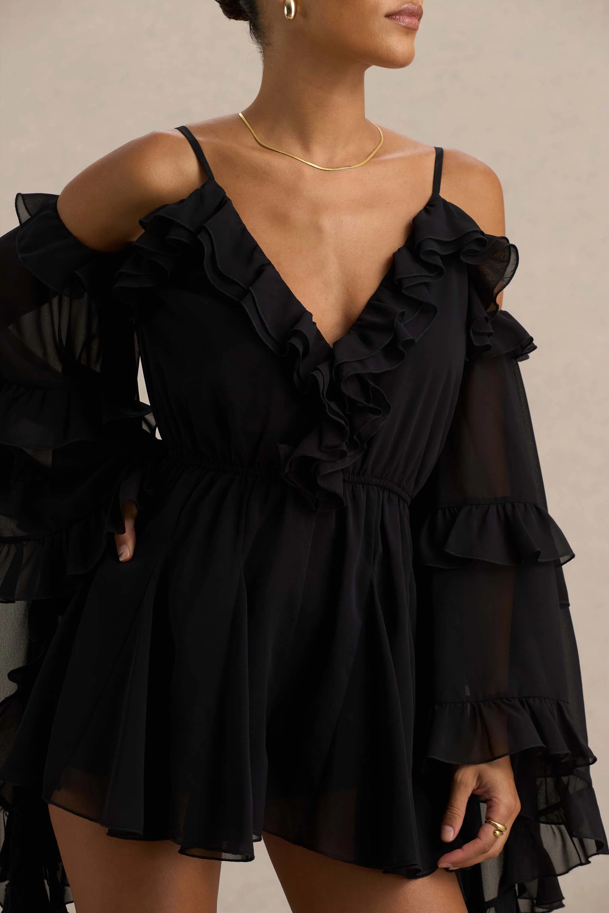 Anaya | Combishort noire en mousseline avec manches longues - Image 5