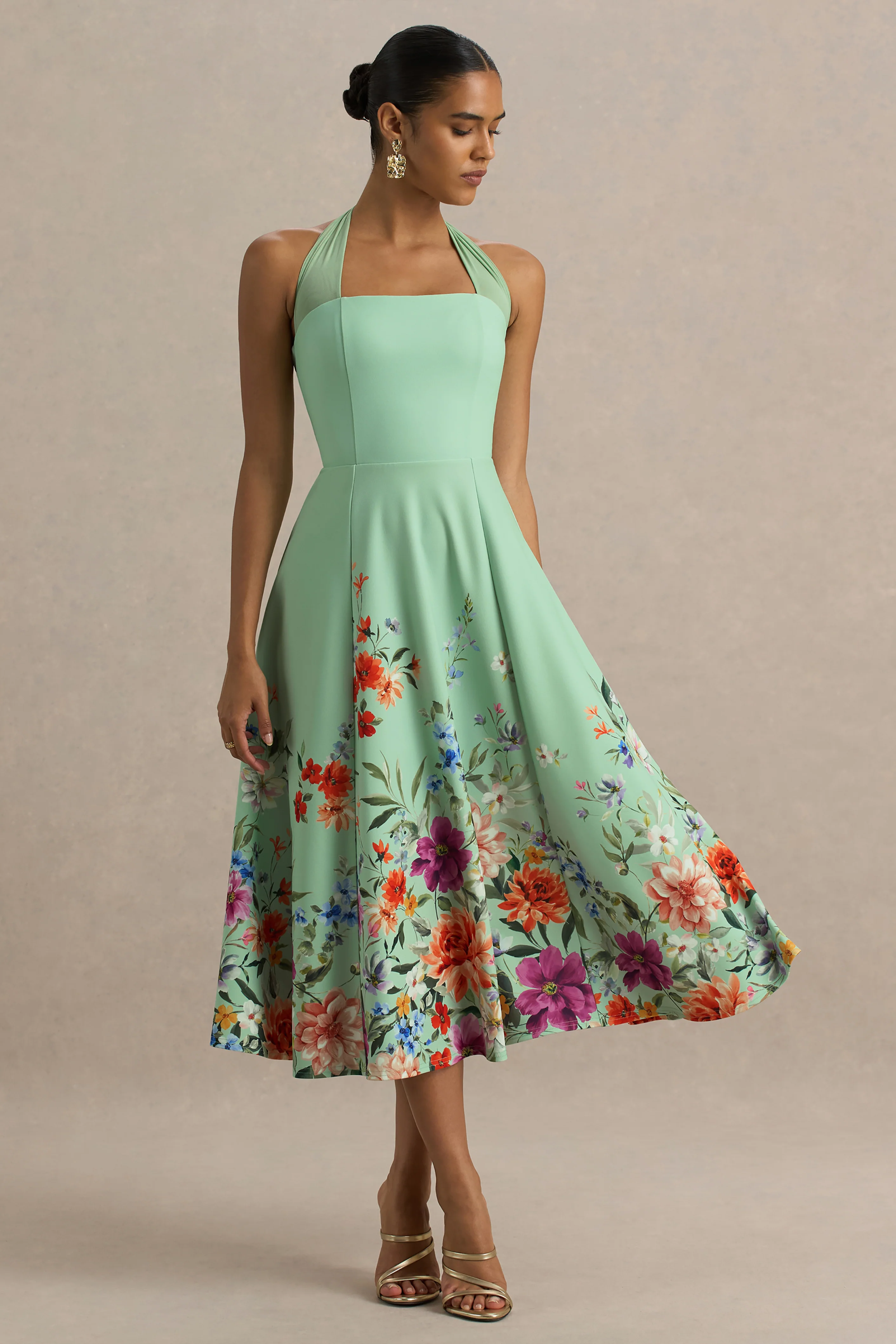 Auburn | Robe Mi-Longue Floral Vert à Encolure Licou - Image 5