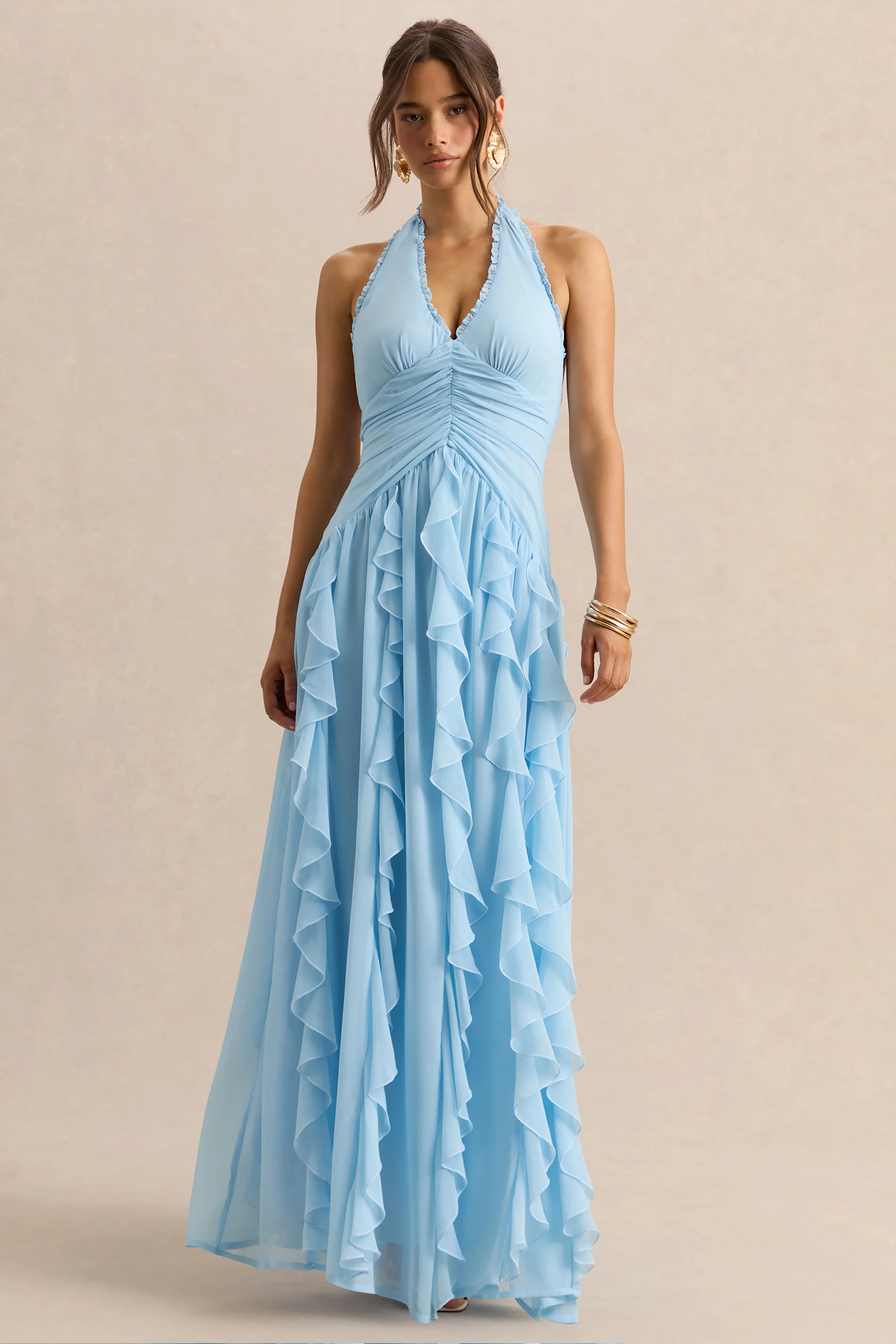 Bea | Robe longue bleu poudré à décolleté plongeant et volants