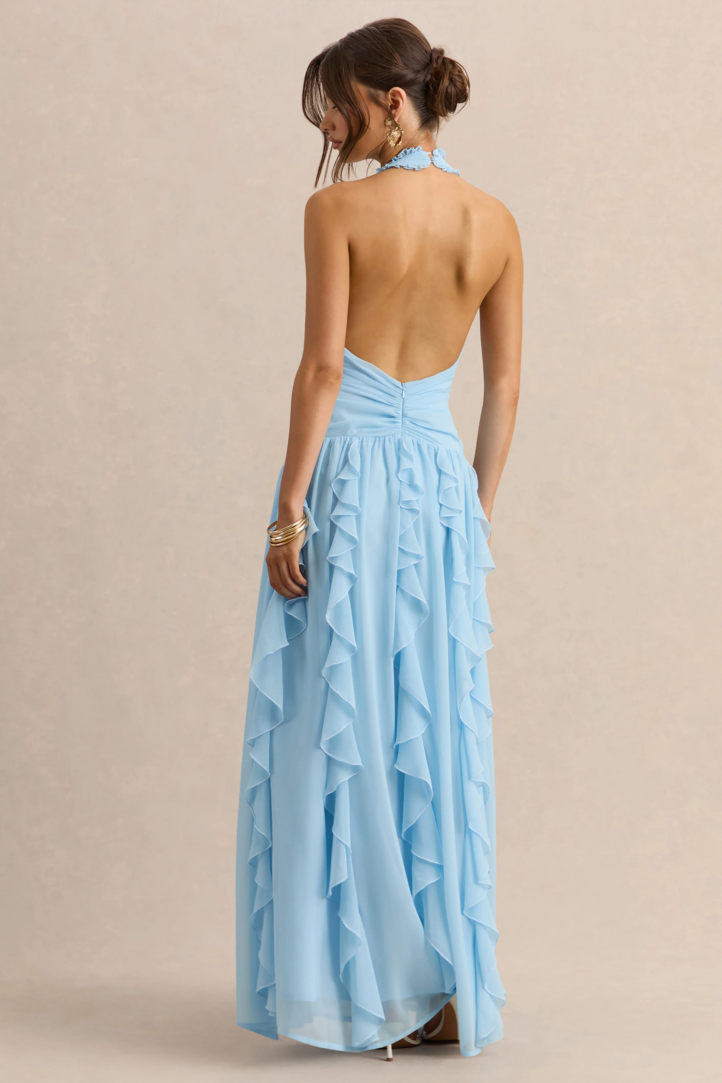 Bea | Robe longue bleu poudré à décolleté plongeant et volants - Image 2