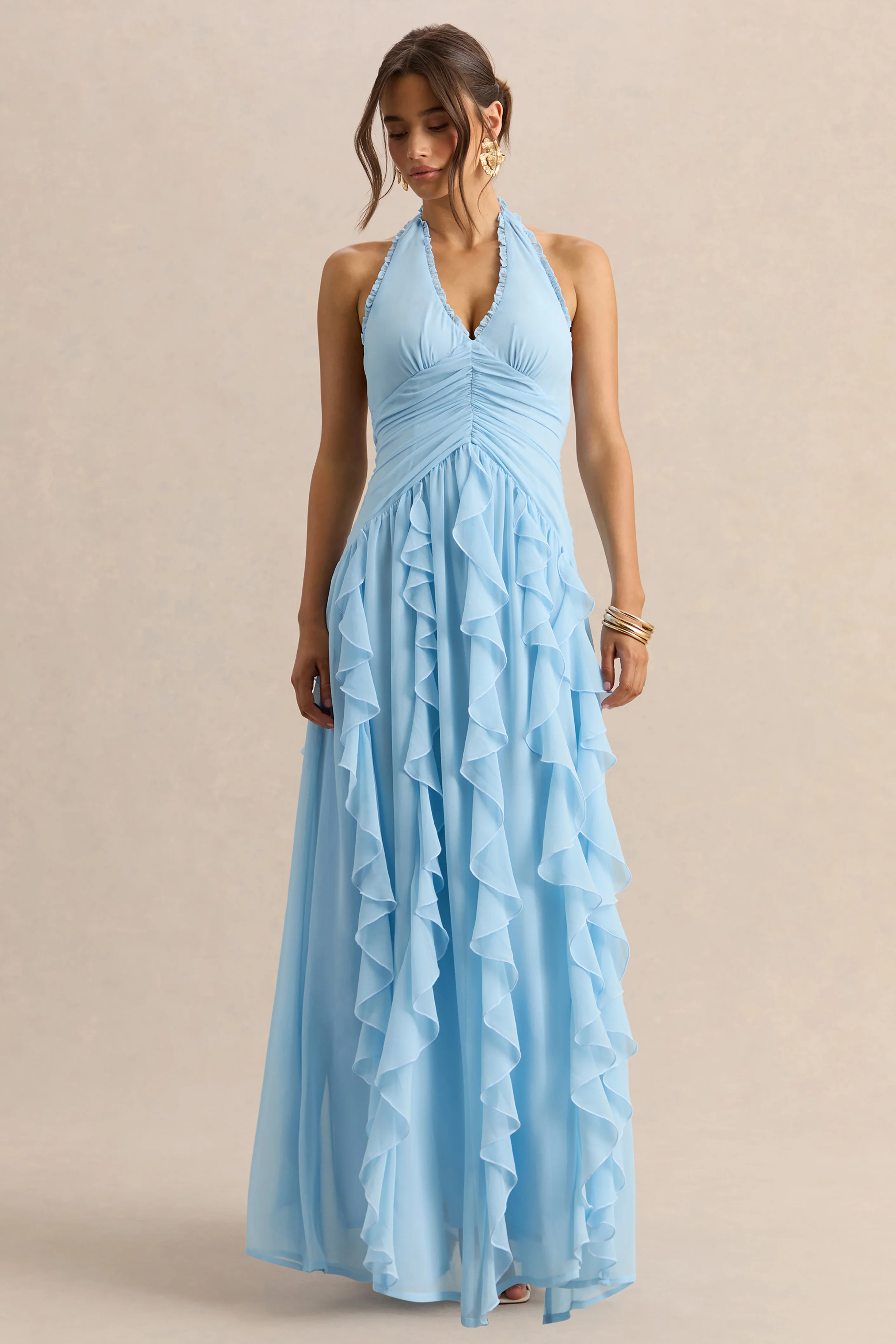 Bea | Robe longue bleu poudré à décolleté plongeant et volants - Image 5