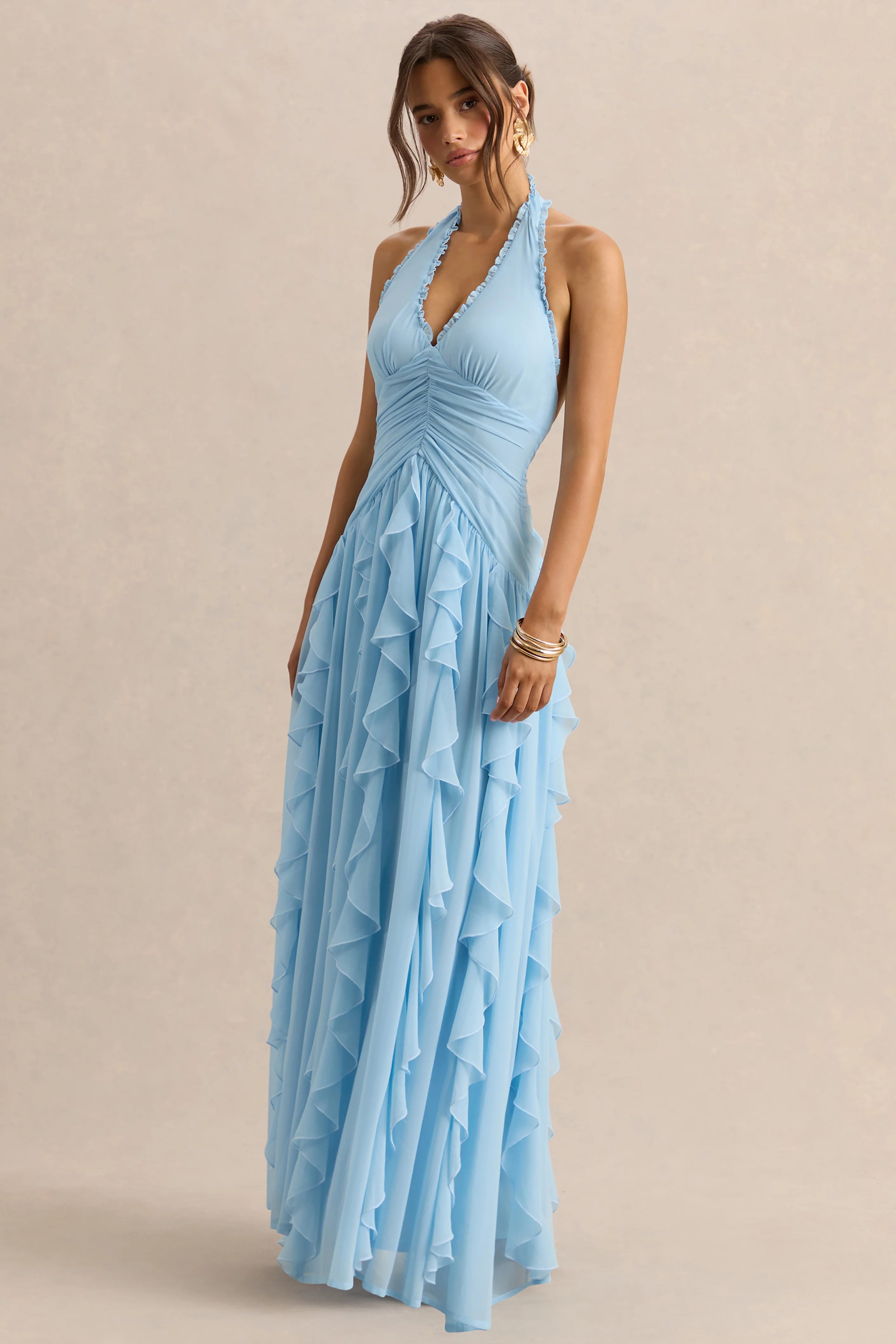 Bea | Robe longue bleu poudré à décolleté plongeant et volants - Image 7