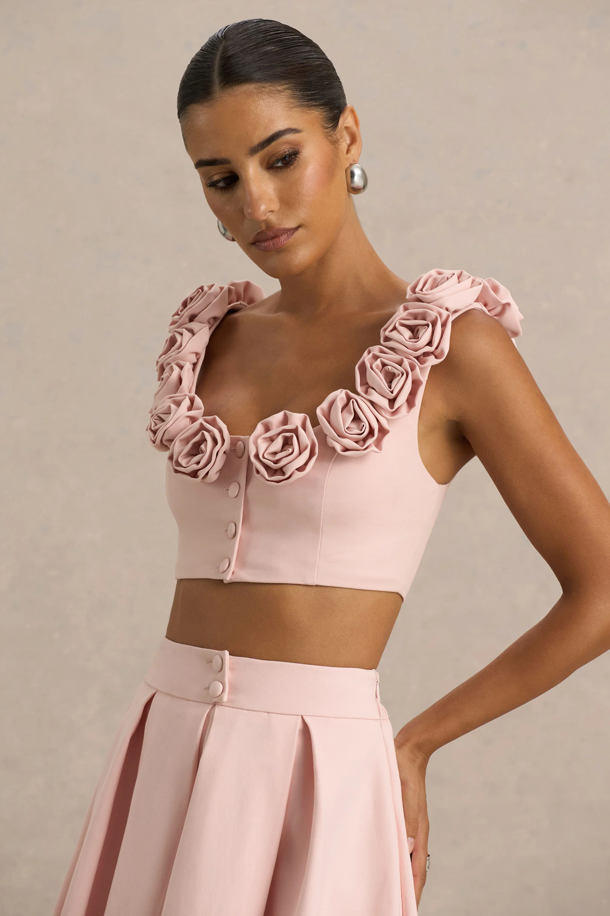 Blade | Top court rose poudré à encolure ronde avec détails floraux - Image 6