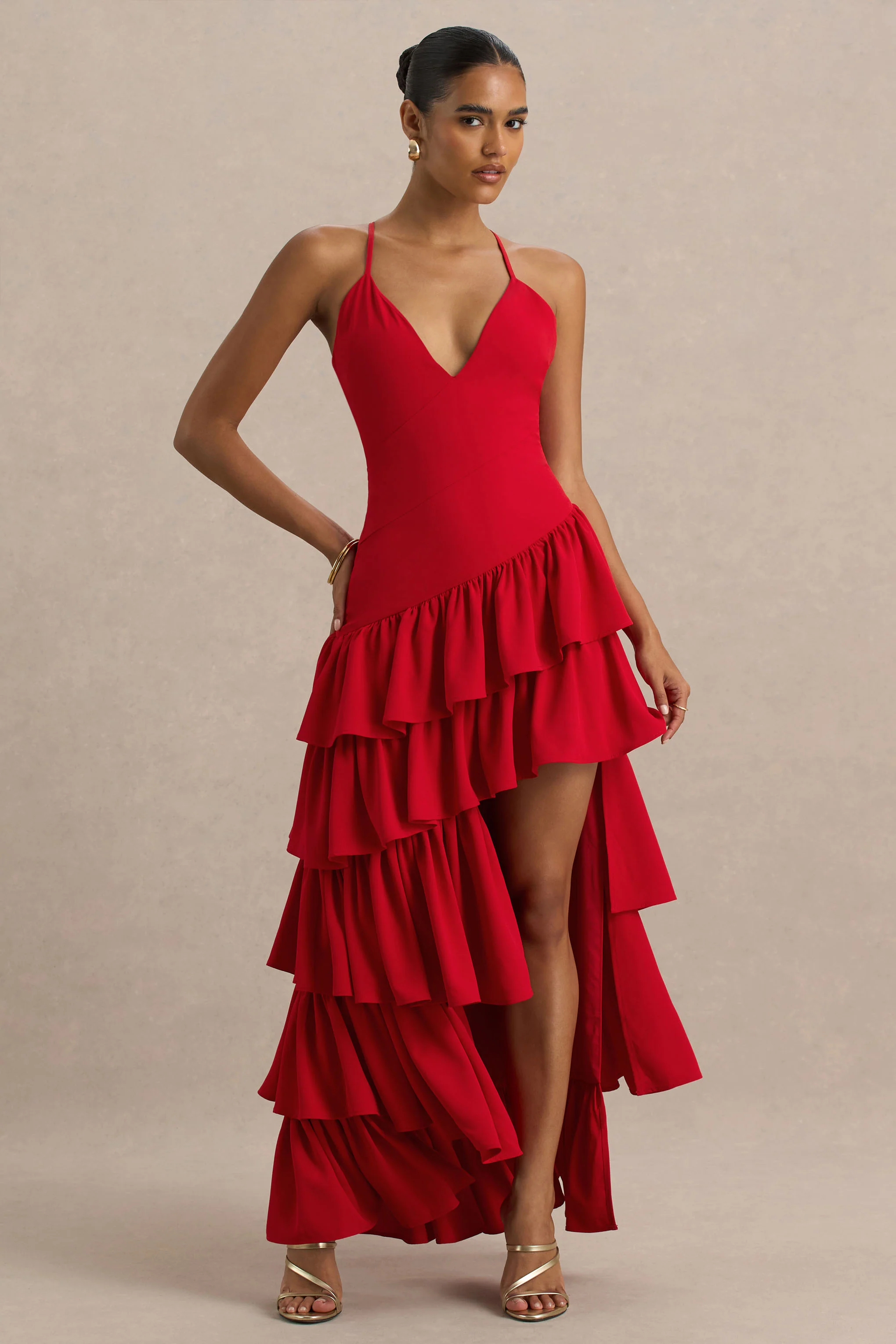 Bogota | Robe longue rouge à décolleté plongeant avec volants et fente haute à l'avant