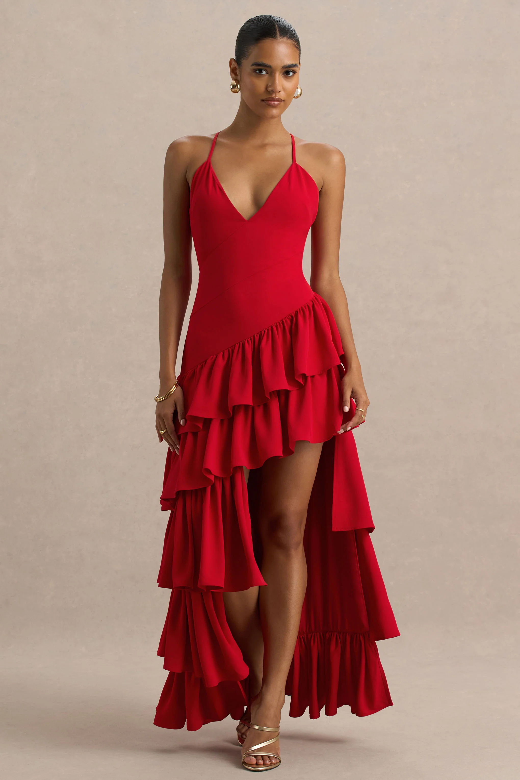 Bogota | Robe longue rouge à décolleté plongeant avec volants et fente haute à l'avant - Image 2