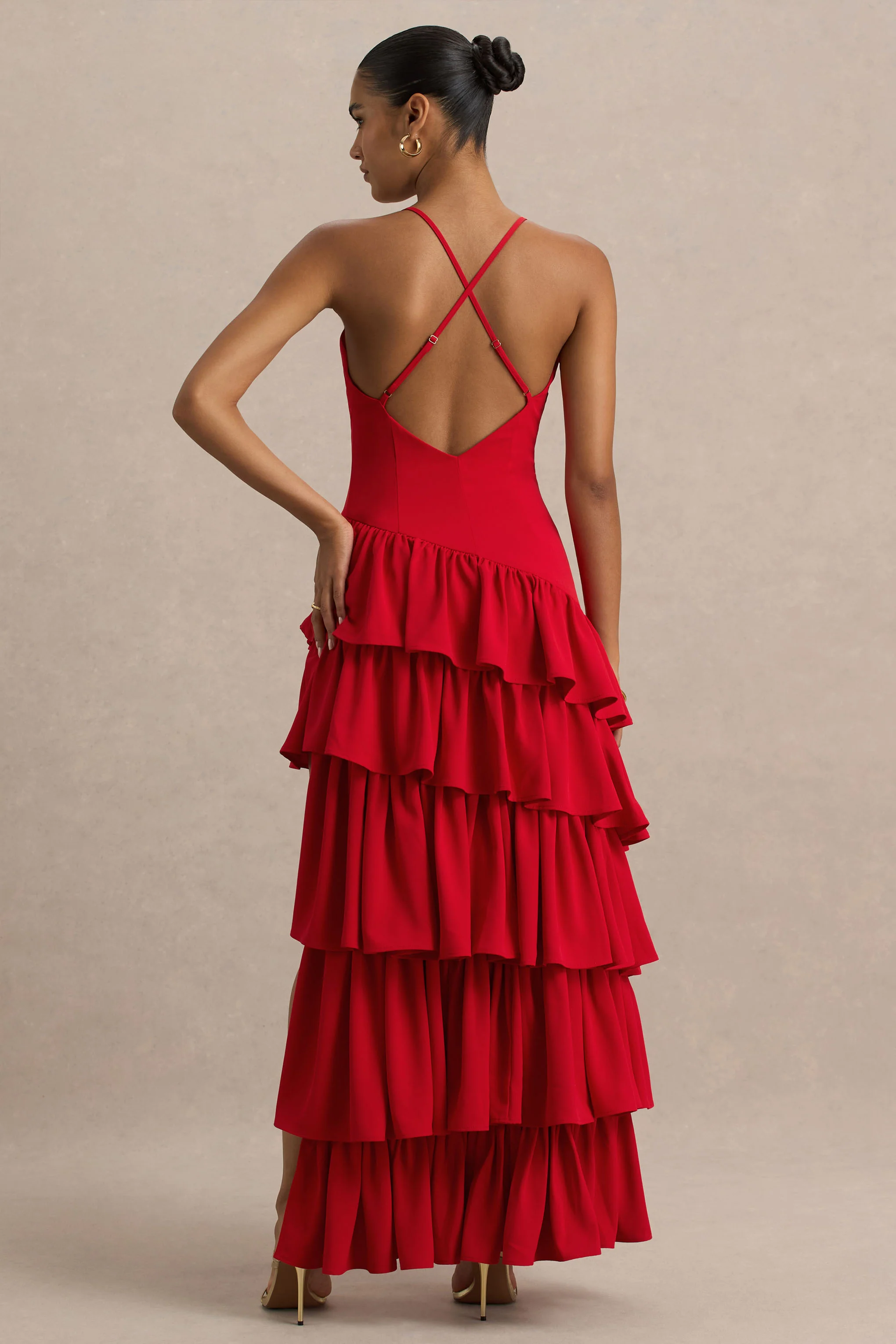 Bogota | Robe longue rouge à décolleté plongeant avec volants et fente haute à l'avant - Image 3