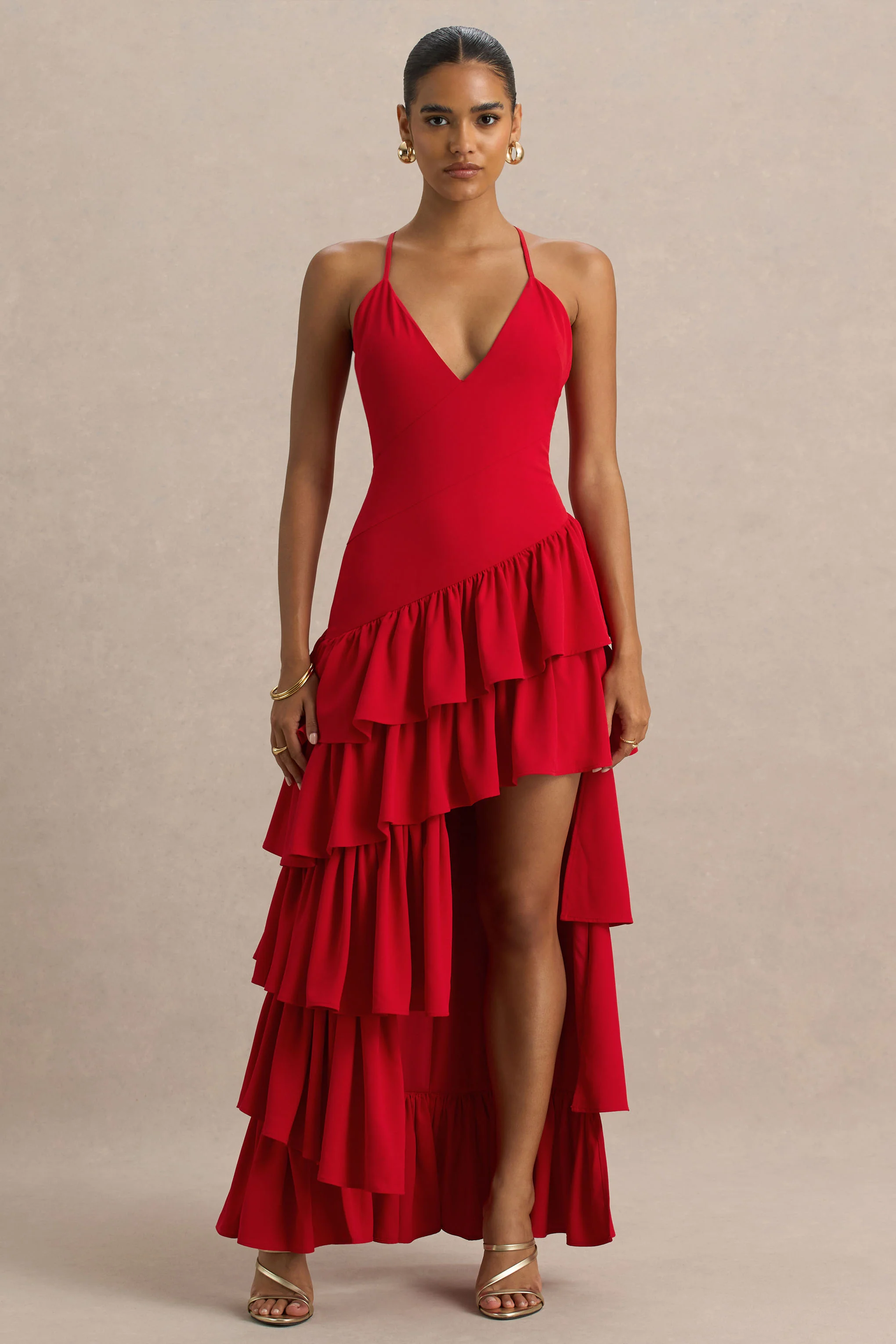 Bogota | Robe longue rouge à décolleté plongeant avec volants et fente haute à l'avant - Image 6