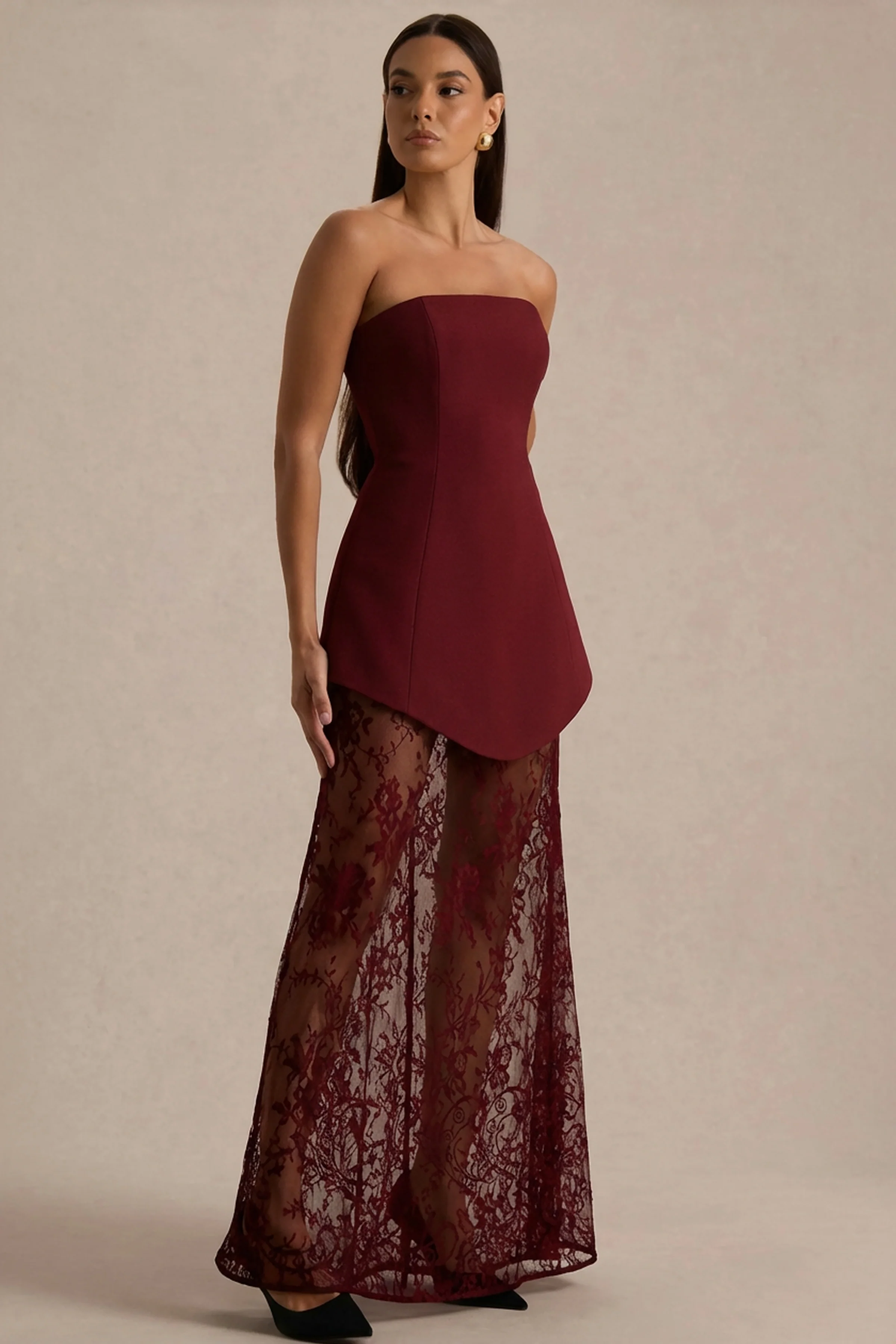 Brandi | Robe longue bandeau bordeaux avec jupe en dentelle - Image 5