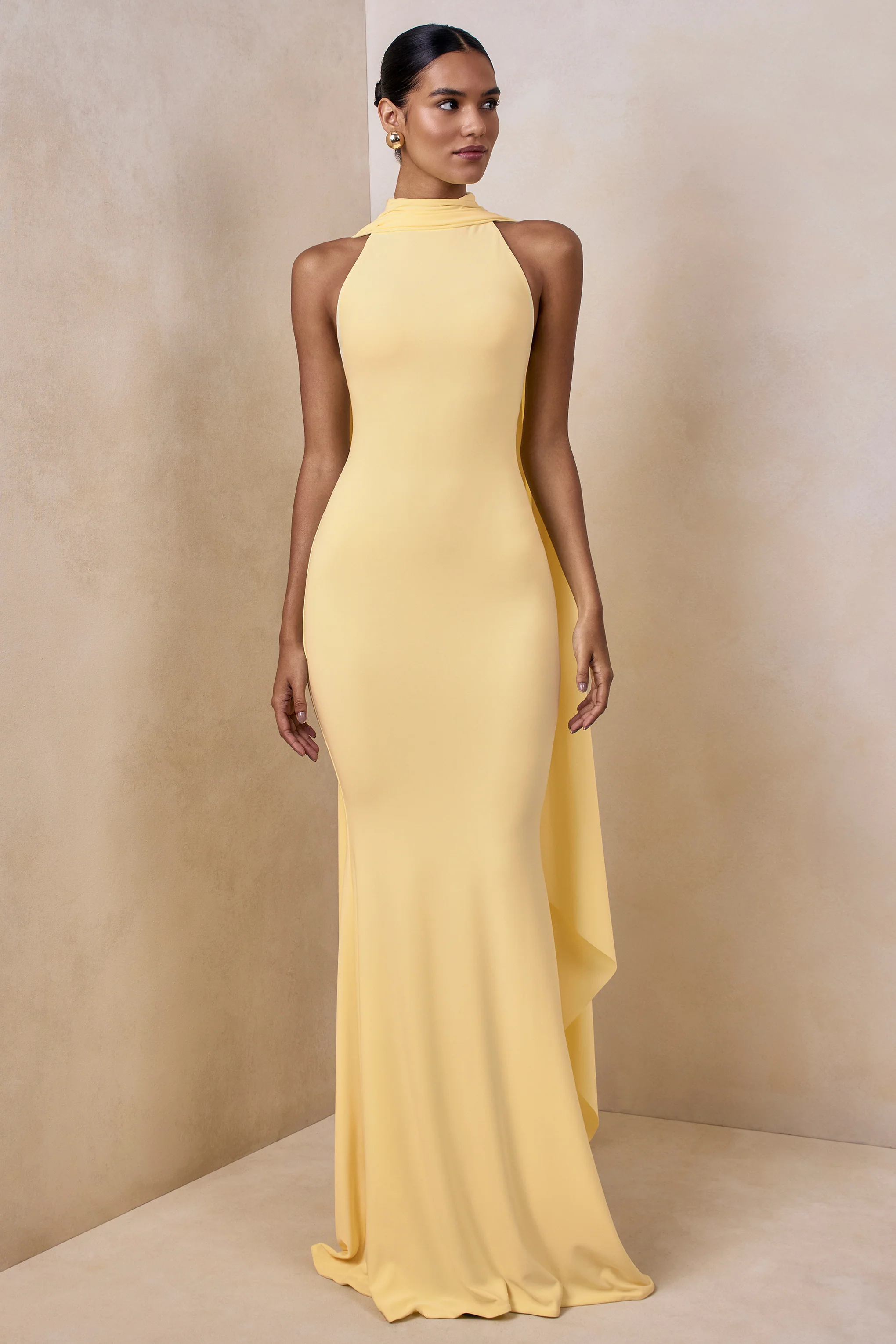 Cordy | Robe longue citron à col haut avec cape - Image 4