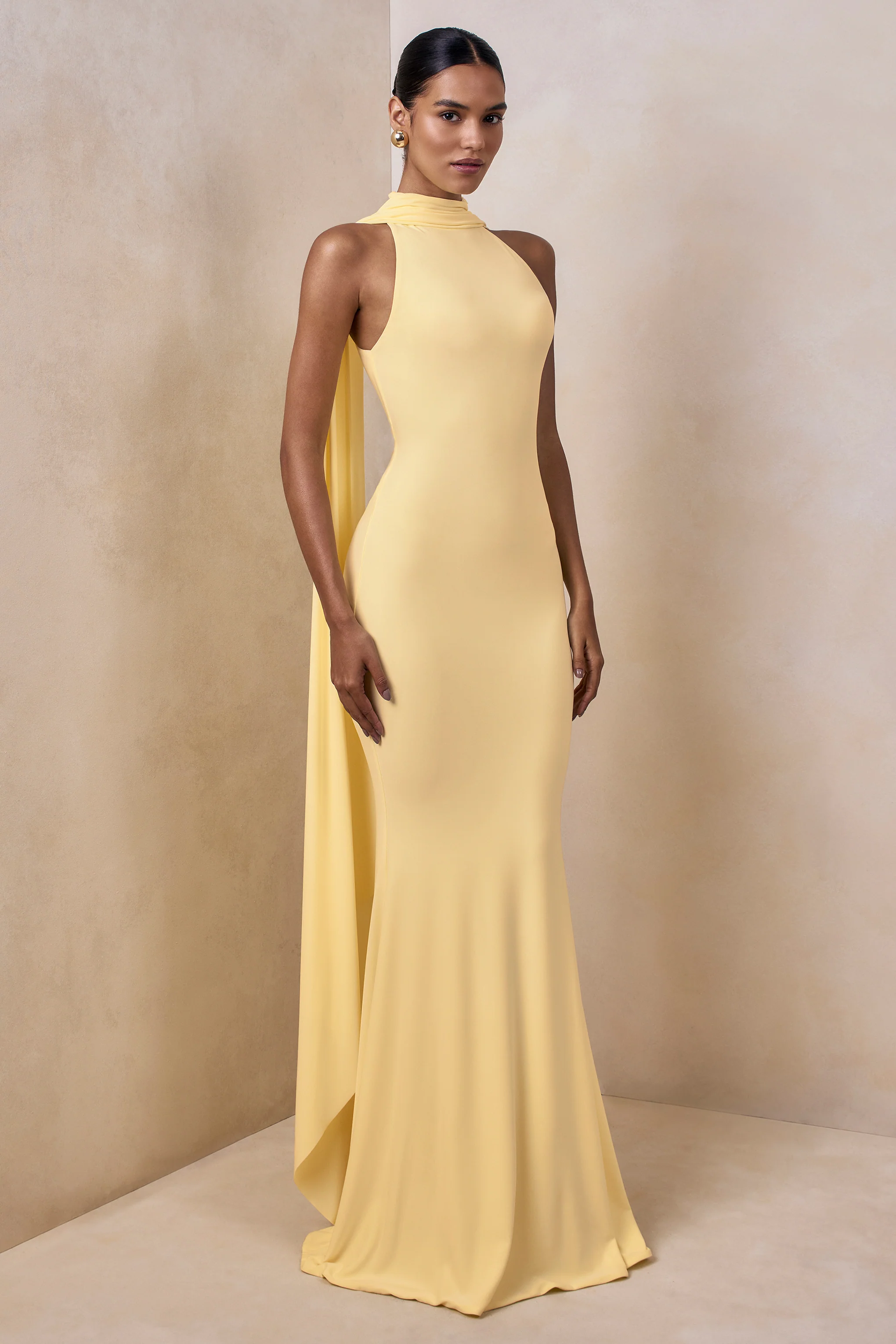 Cordy | Robe longue citron à col haut avec cape - Image 5