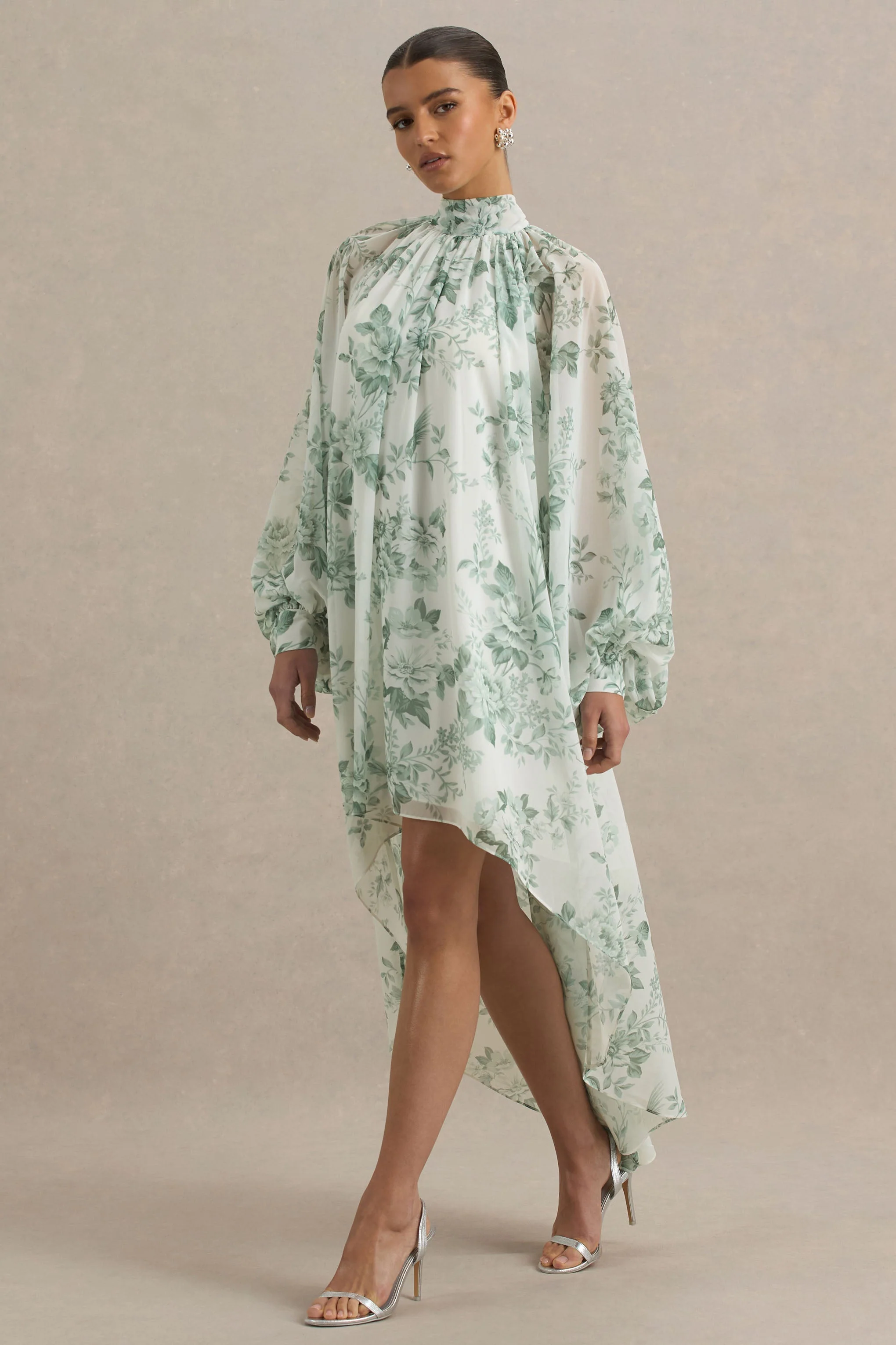 Delphia | Robe Longue à Col Montant avec Ourlet Asymétrique et Imprimé Porcelaine Vert - Image 4