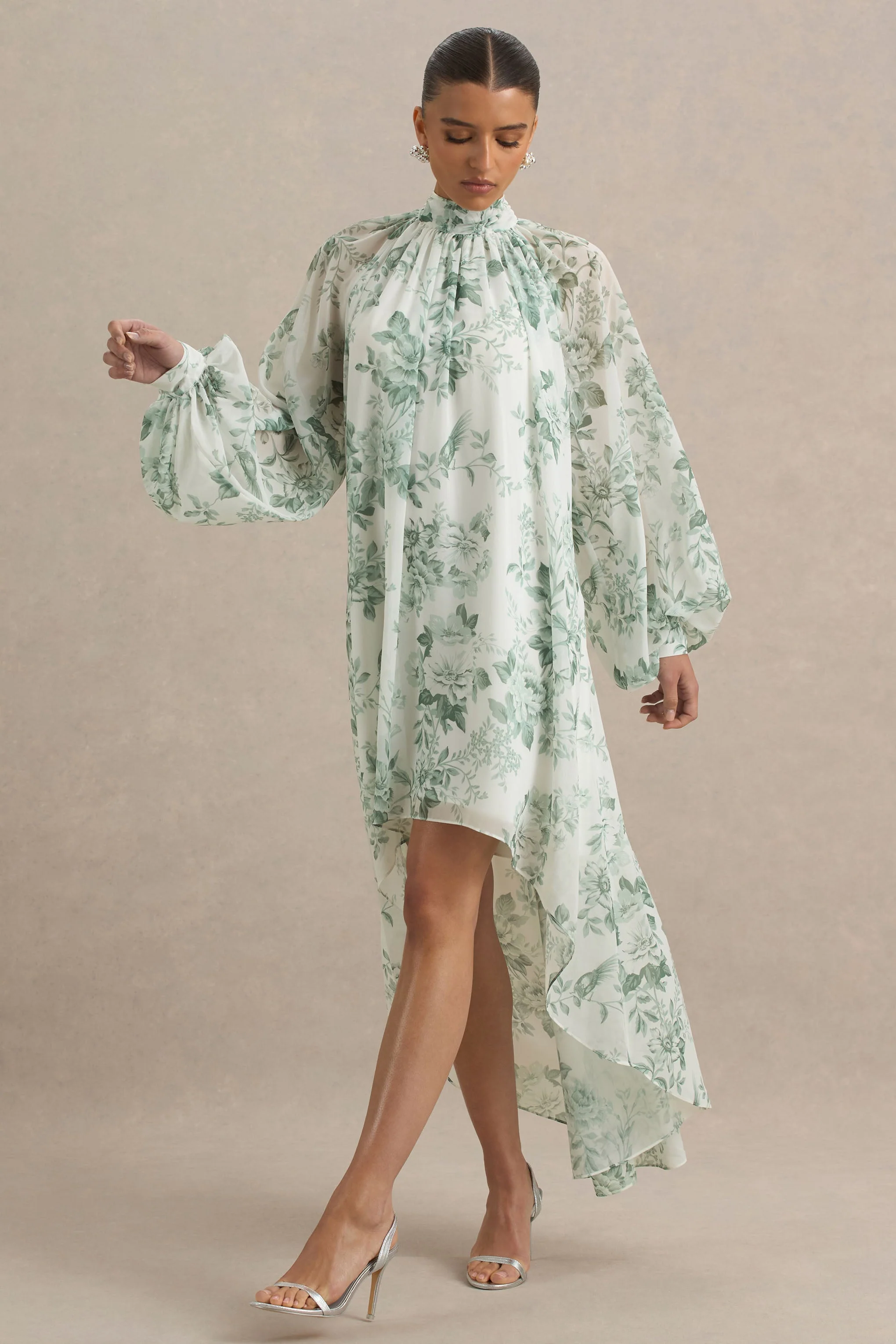 Delphia | Robe Longue à Col Montant avec Ourlet Asymétrique et Imprimé Porcelaine Vert - Image 5