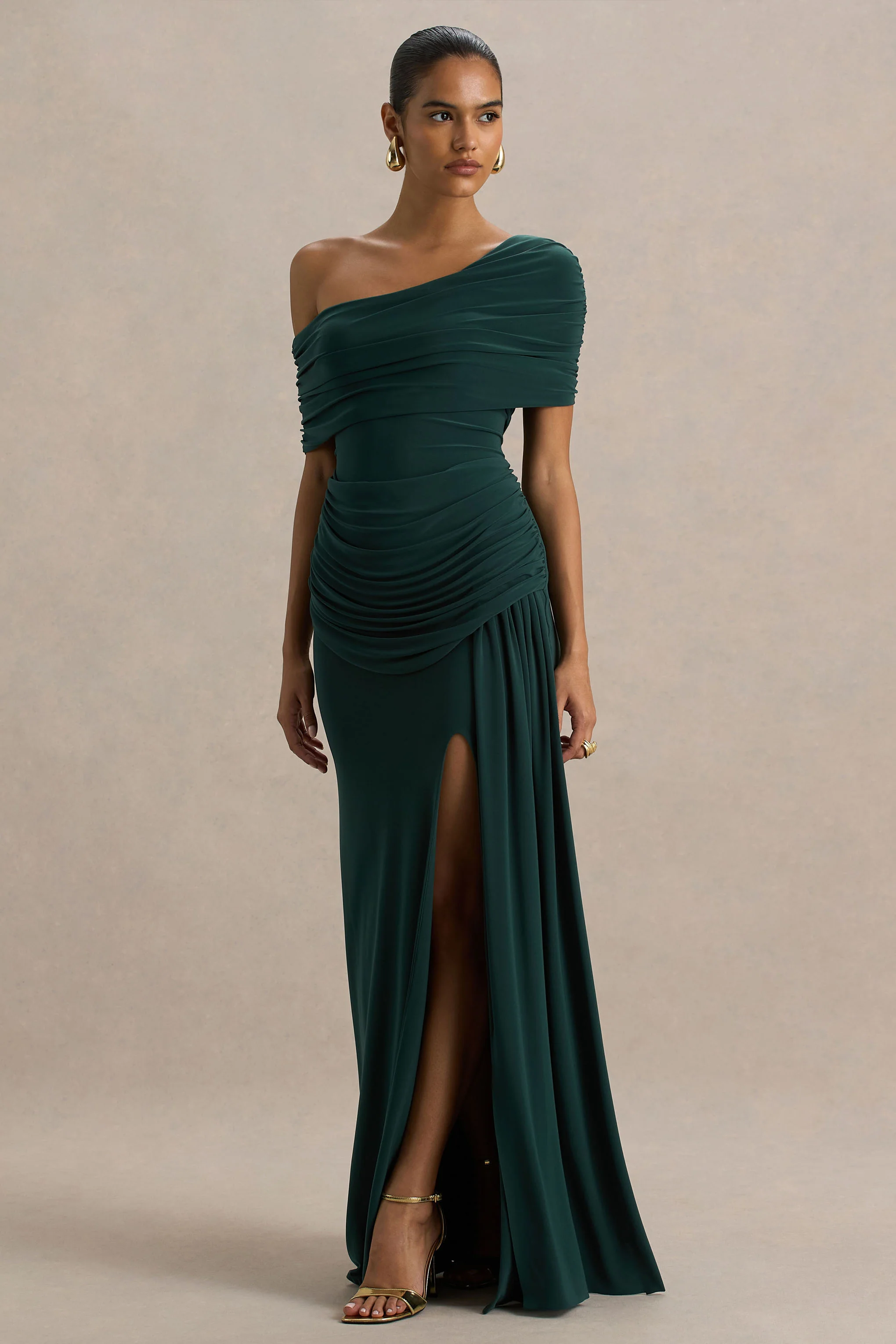 Dynasty | Robe longue vert foncé à col asymétrique avec drapé et fente haute sur le devant - Image 5