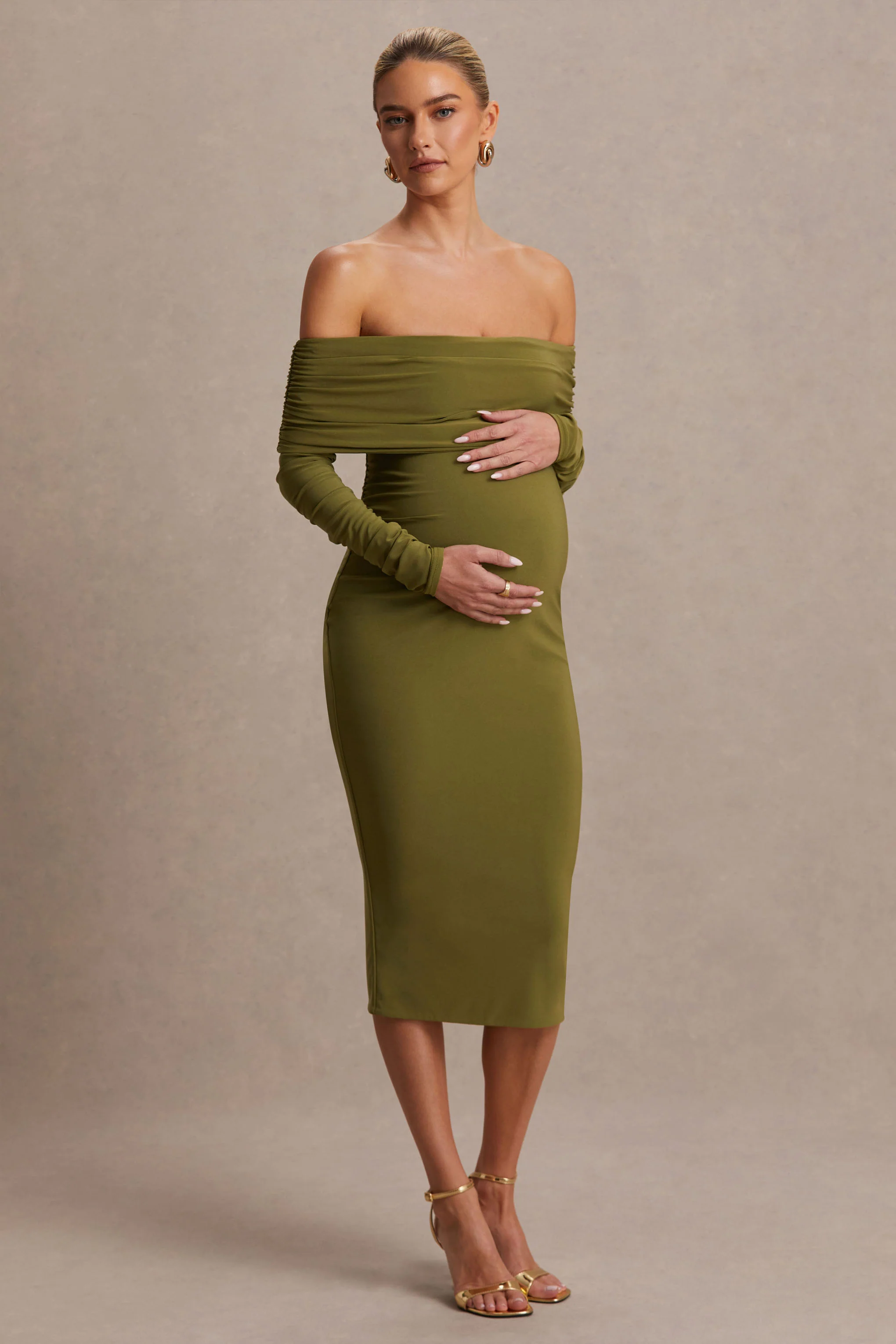 Elspeth | Robe de maternité mi-longue couleur olive à encolure bardot