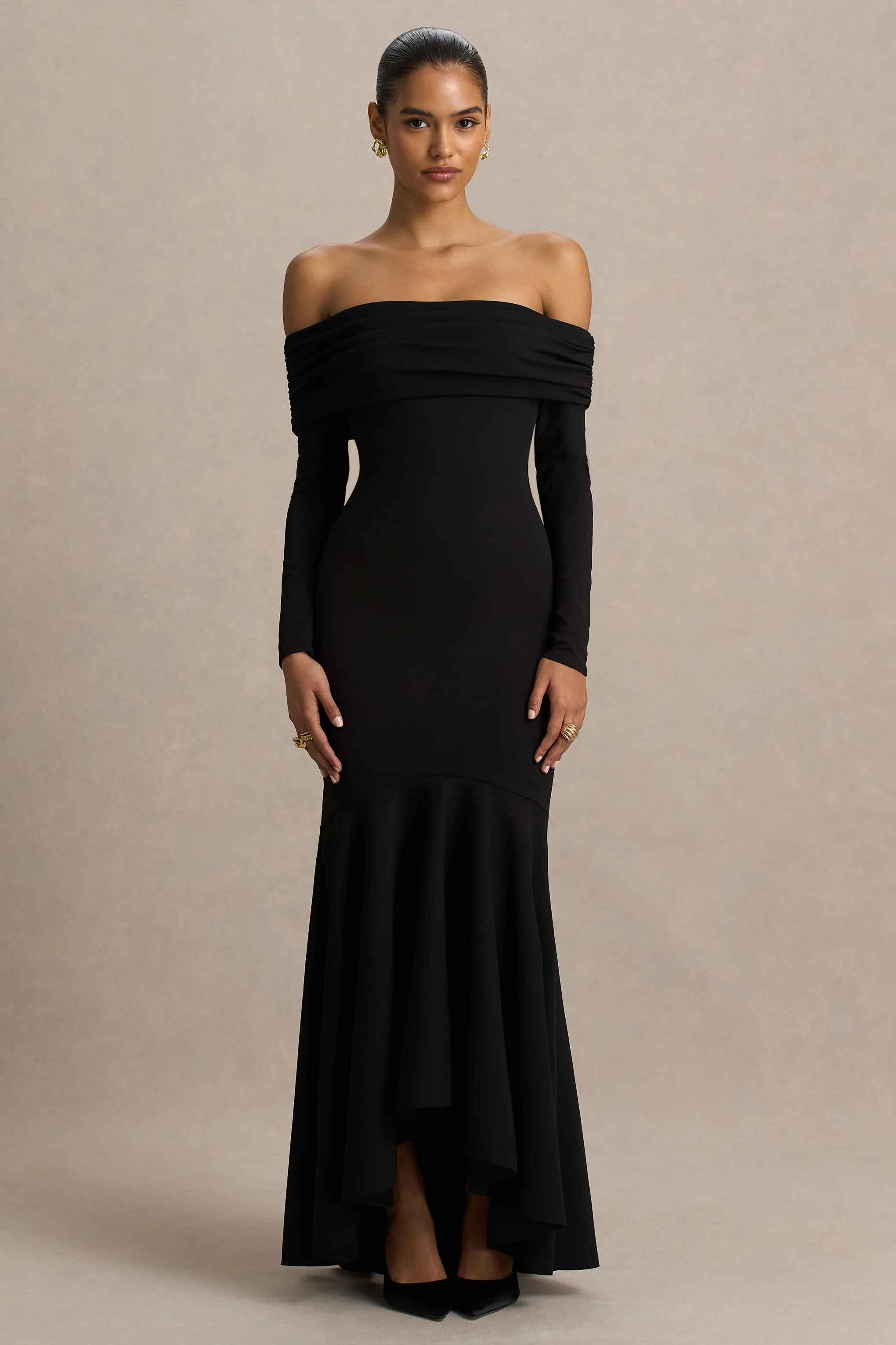 Everlasting | Robe longue noire à encolure bardot avec taille basse - Image 4