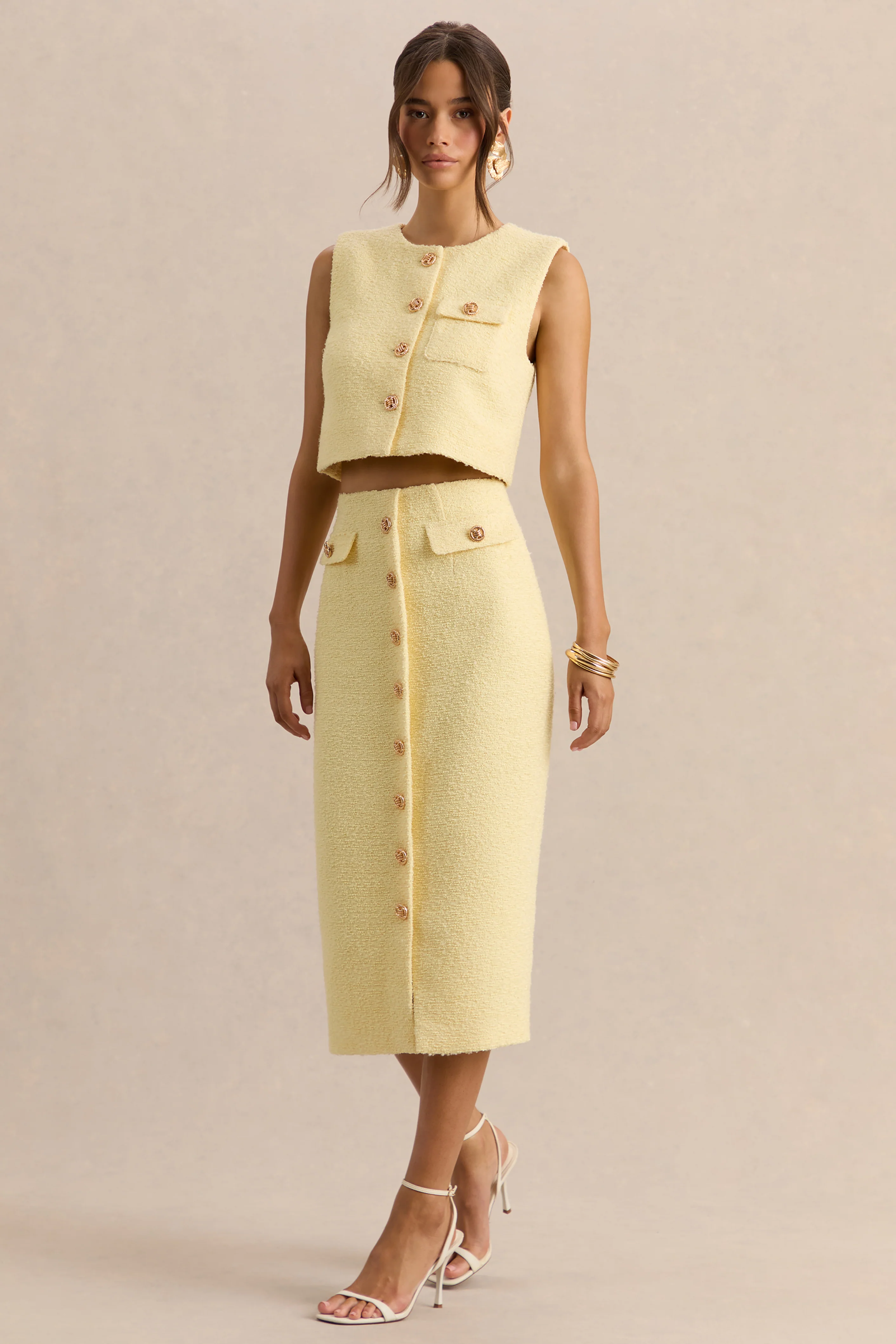 Glyra | Jupe mi-longue tailleur citron avec détails de boutons dorés - Image 4