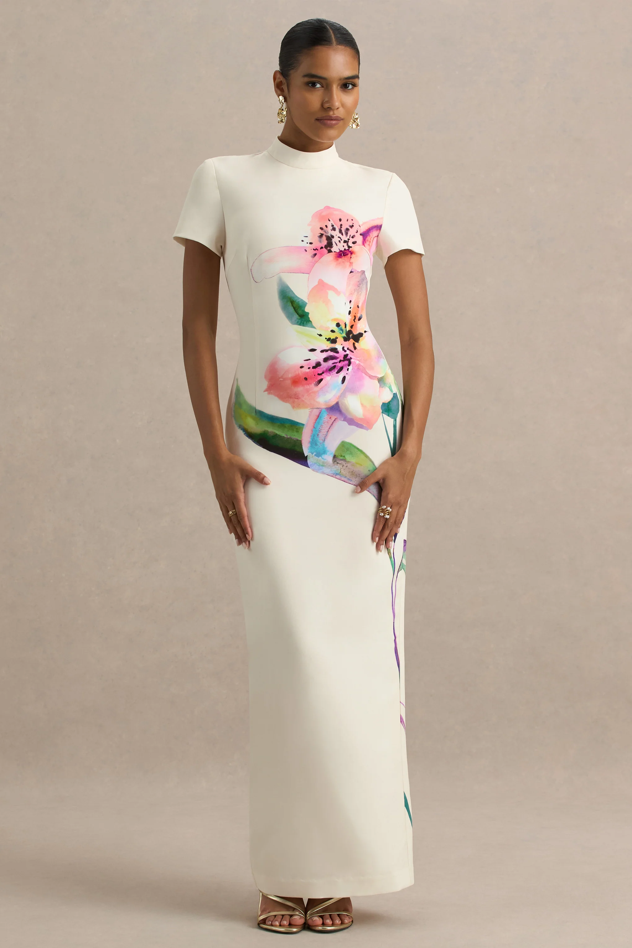 Hessie | Robe longue imprimé lys blanc à encolure haute