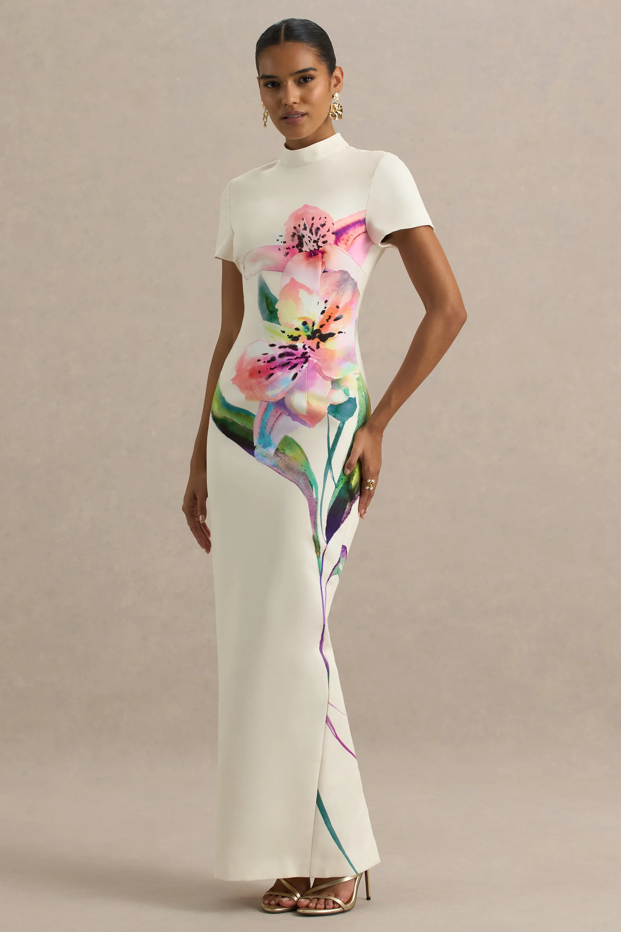 Hessie | Robe longue imprimé lys blanc à encolure haute - Image 3