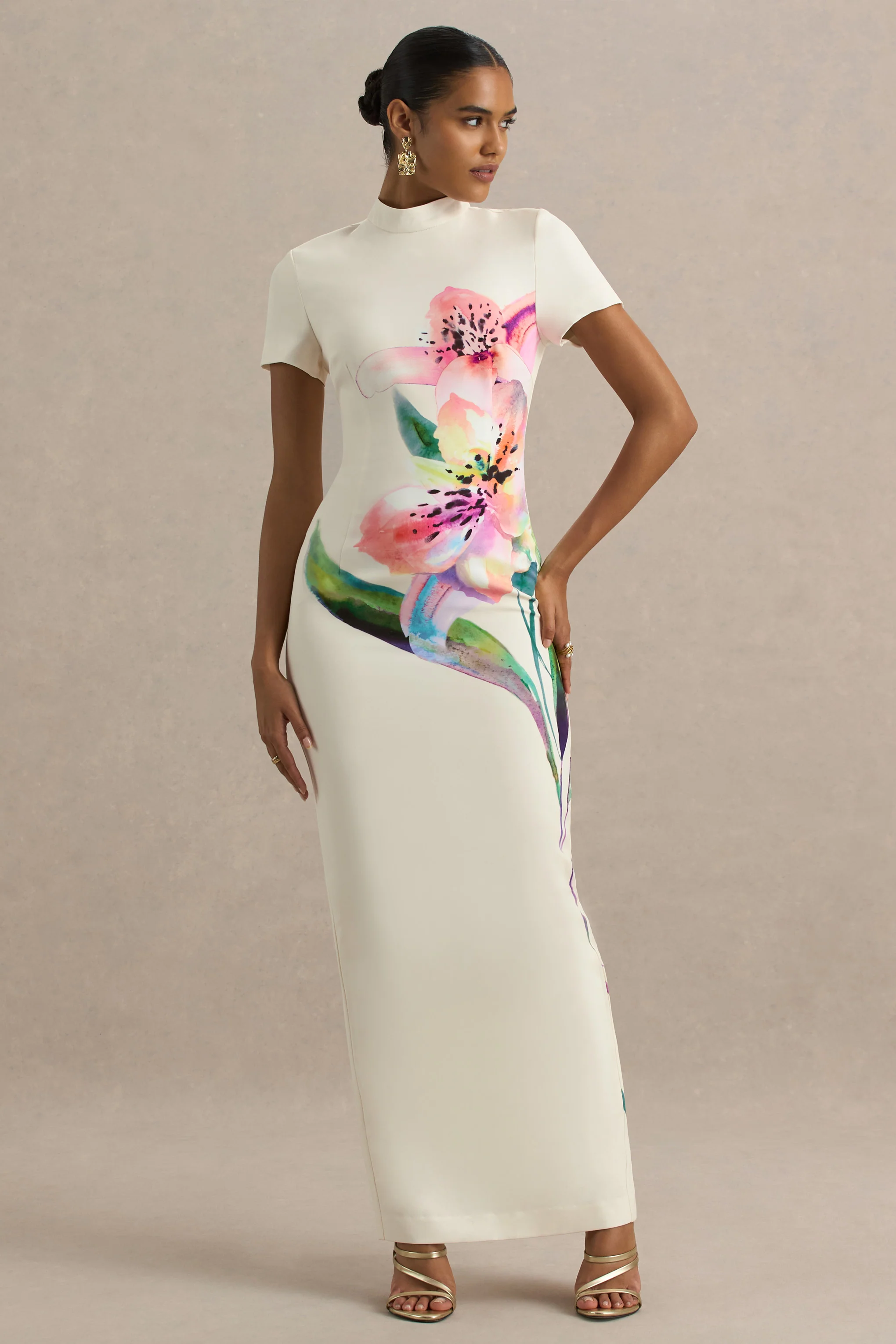 Hessie | Robe longue imprimé lys blanc à encolure haute - Image 4