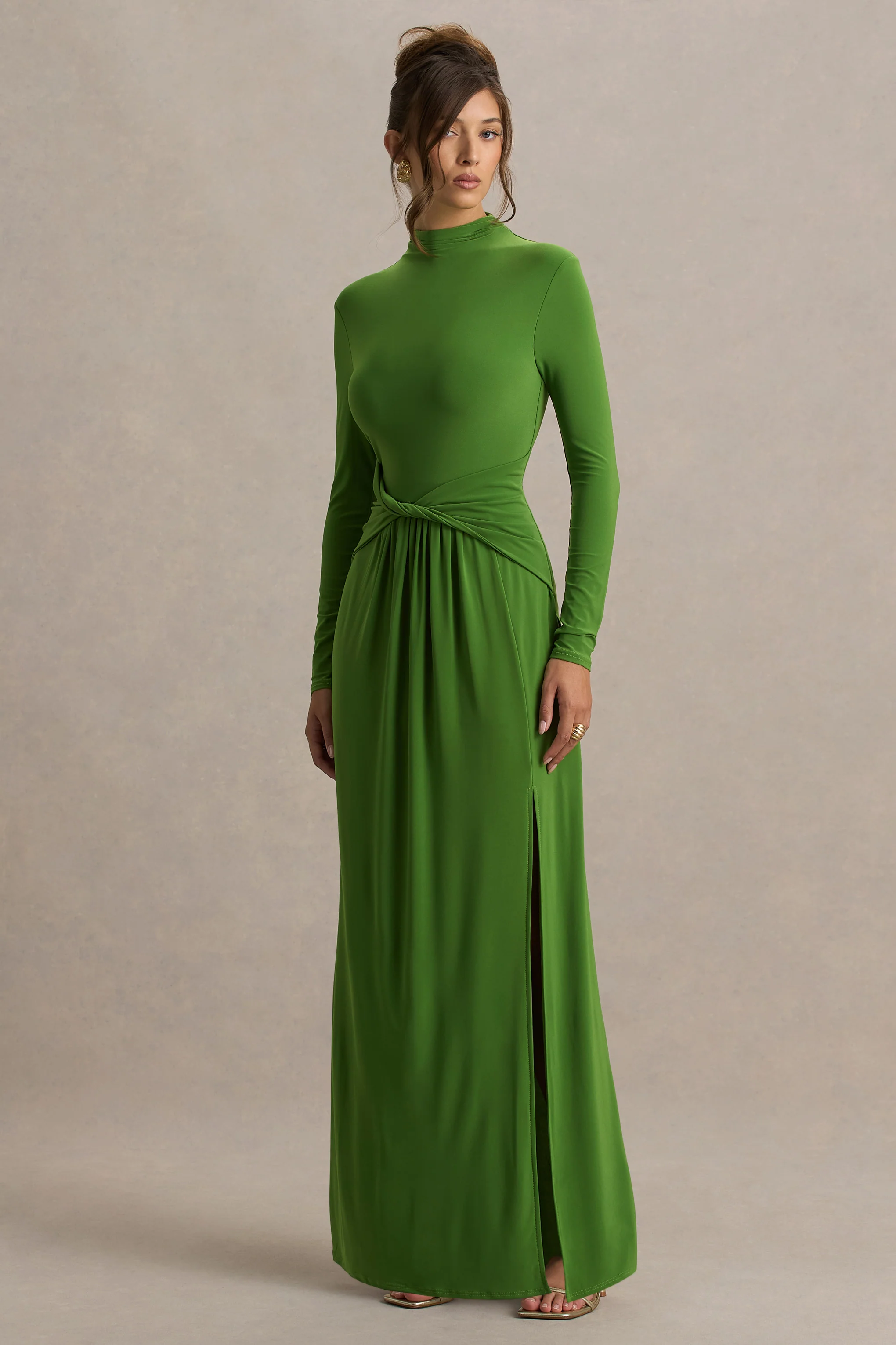 Hourglass | Robe Longue Verte à Manches Longues Avec Détail Noué et Fente - Image 3