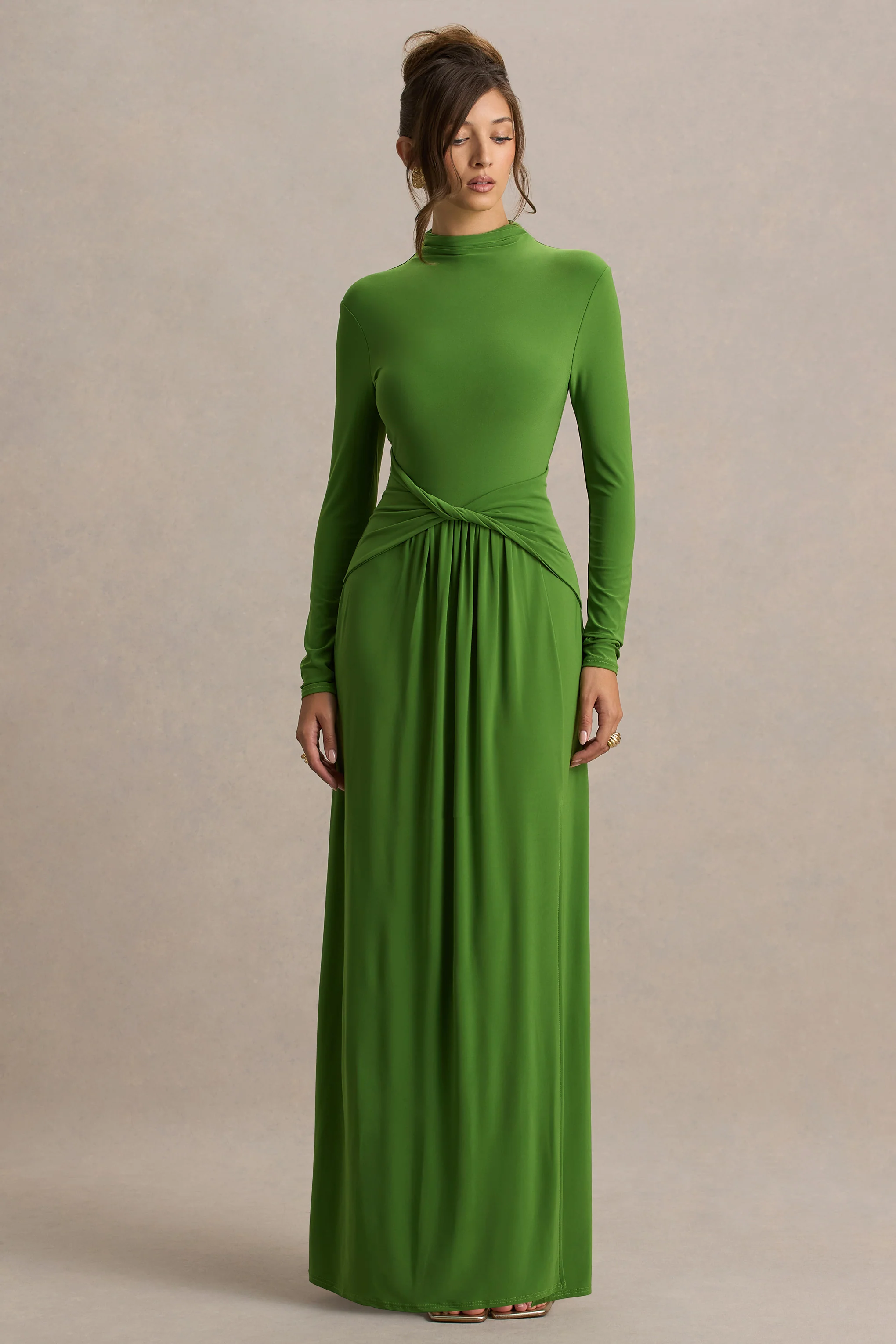Hourglass | Robe Longue Verte à Manches Longues Avec Détail Noué et Fente - Image 5