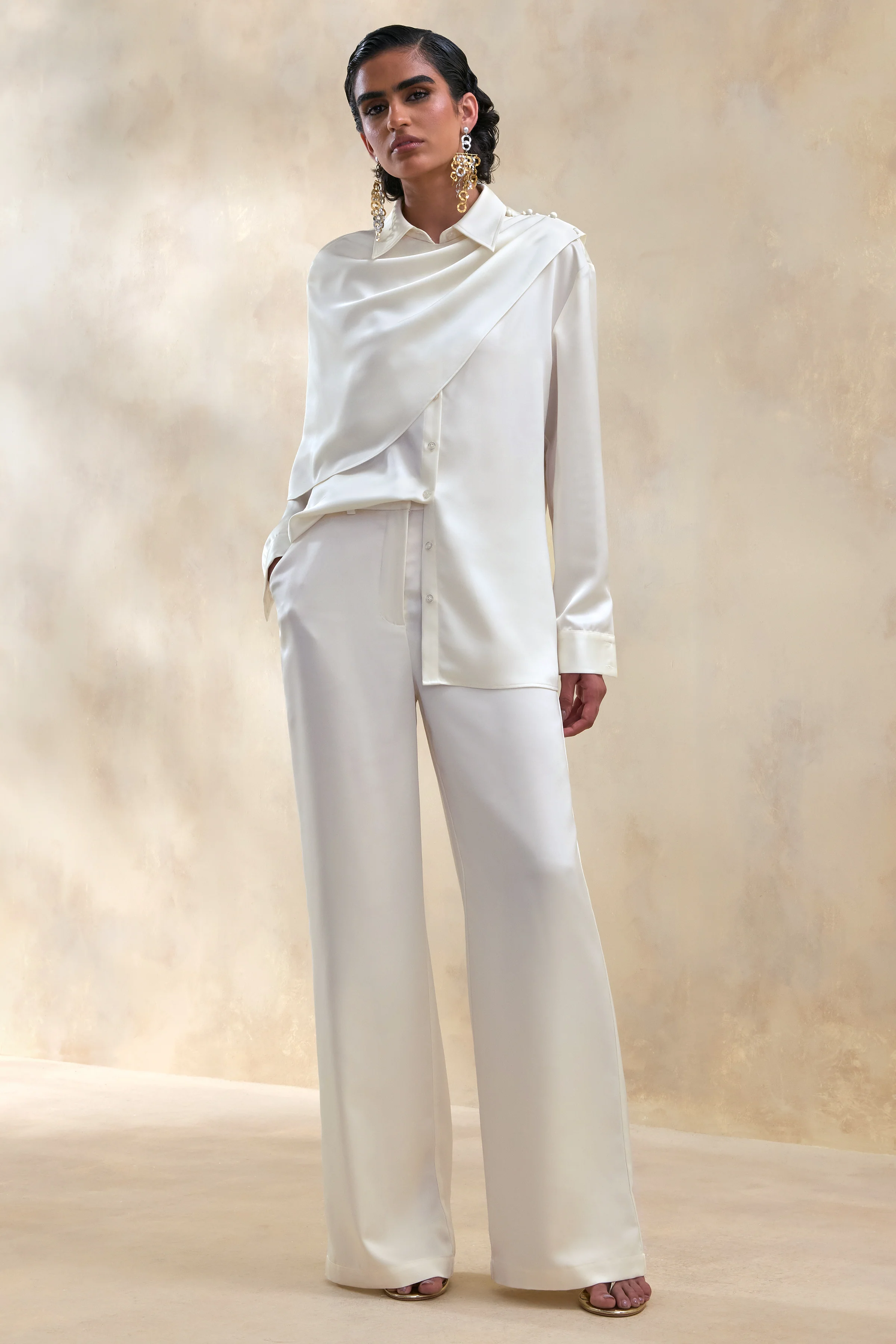 Ilena | Pantalon large en satin crème - Image 4