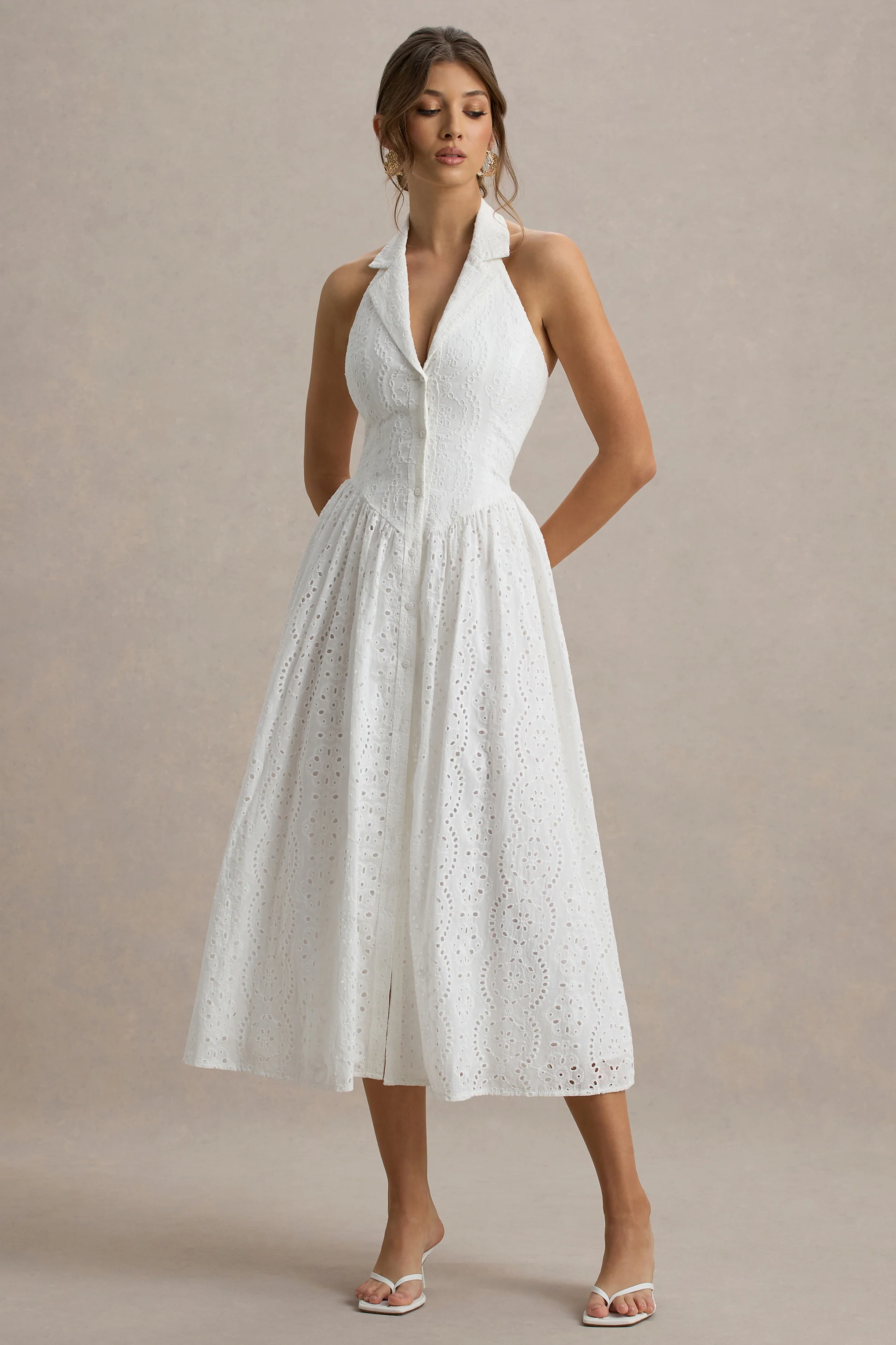 Jezebel | Robe mi-longue blanche en dentelle avec décolleté plongeant et col - Image 5