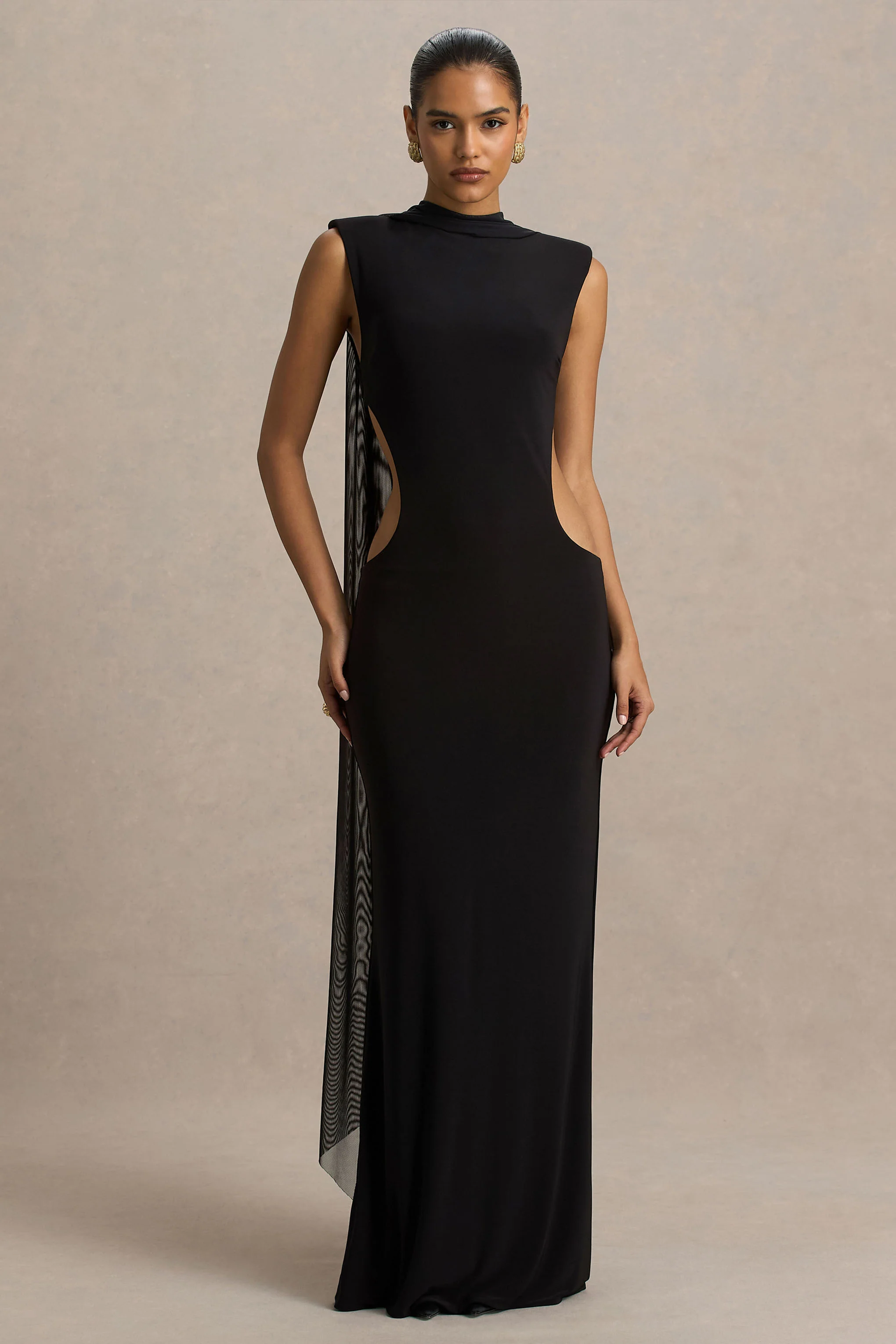 Katara | Robe longue noire à col montant avec découpes sur le corps - Image 4
