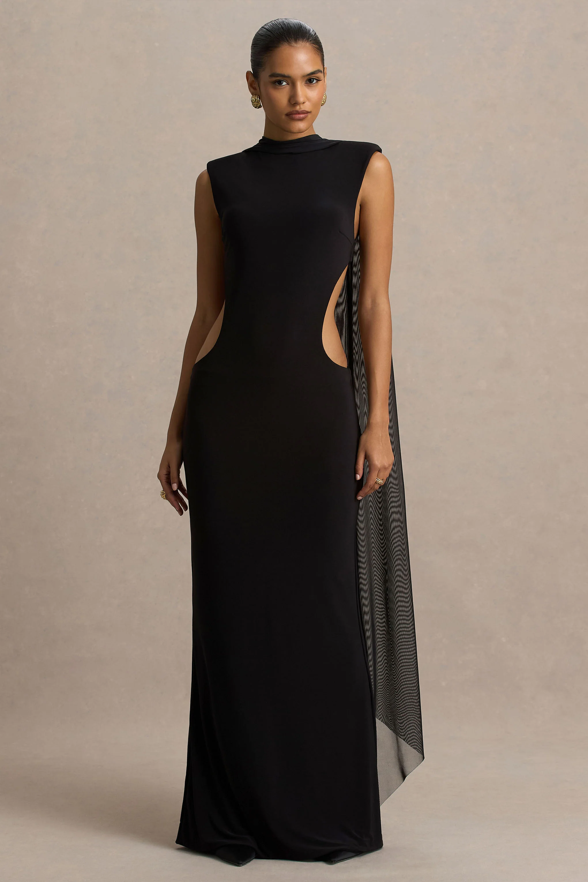 Katara | Robe longue noire à col montant avec découpes sur le corps - Image 5