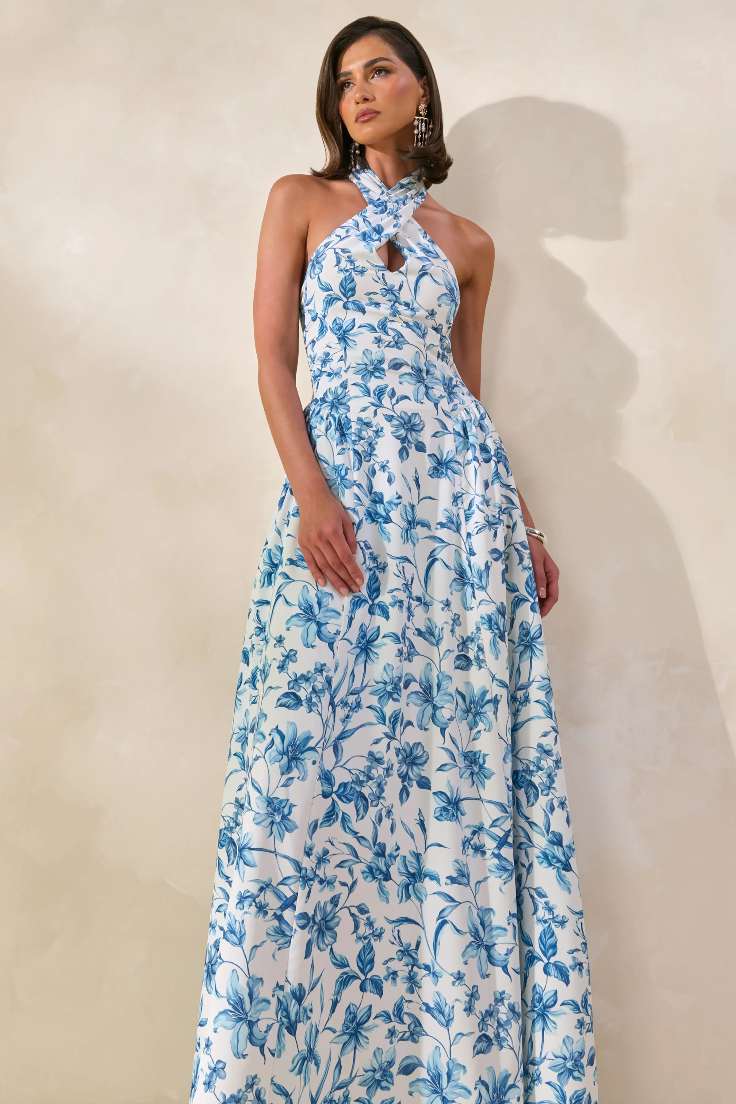 Liana | Robe longue à encolure dos nu avec imprimé porcelaine bleu - Image 3