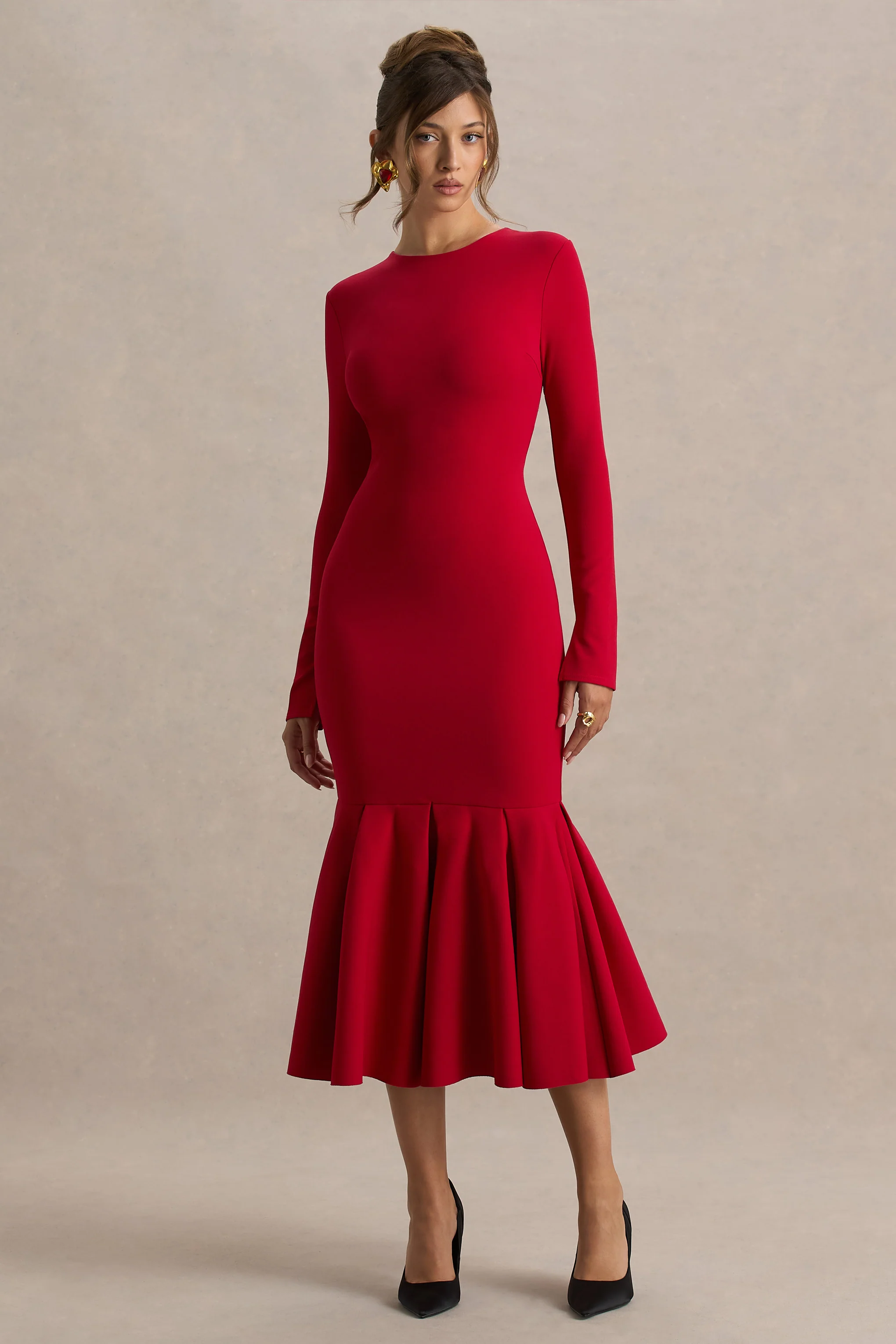 Liberty | Robe longue rouge coupe sirène à col montant avec détail volanté - Image 5