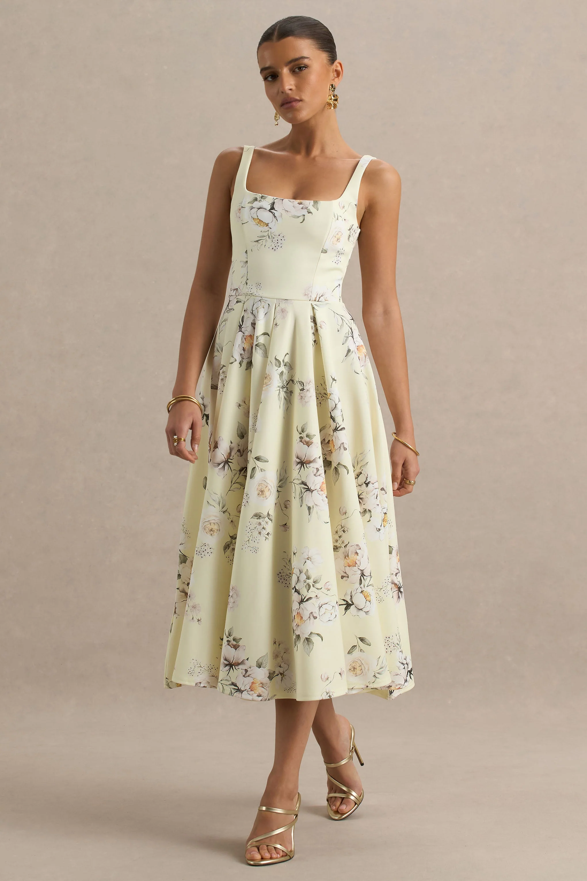 Lissa | Robe mi-longue à col carré avec imprimé bouquet floral citron - Image 3