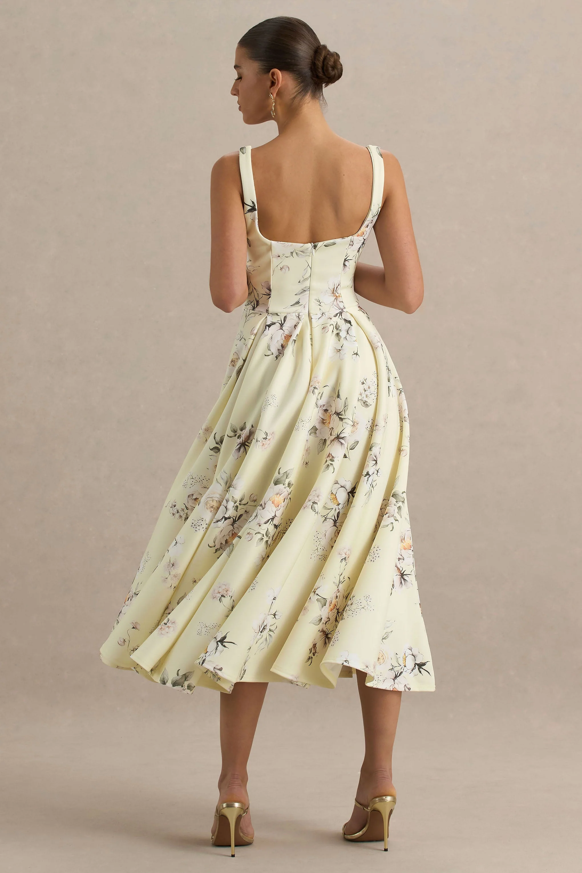 Lissa | Robe mi-longue à col carré avec imprimé bouquet floral citron - Image 4