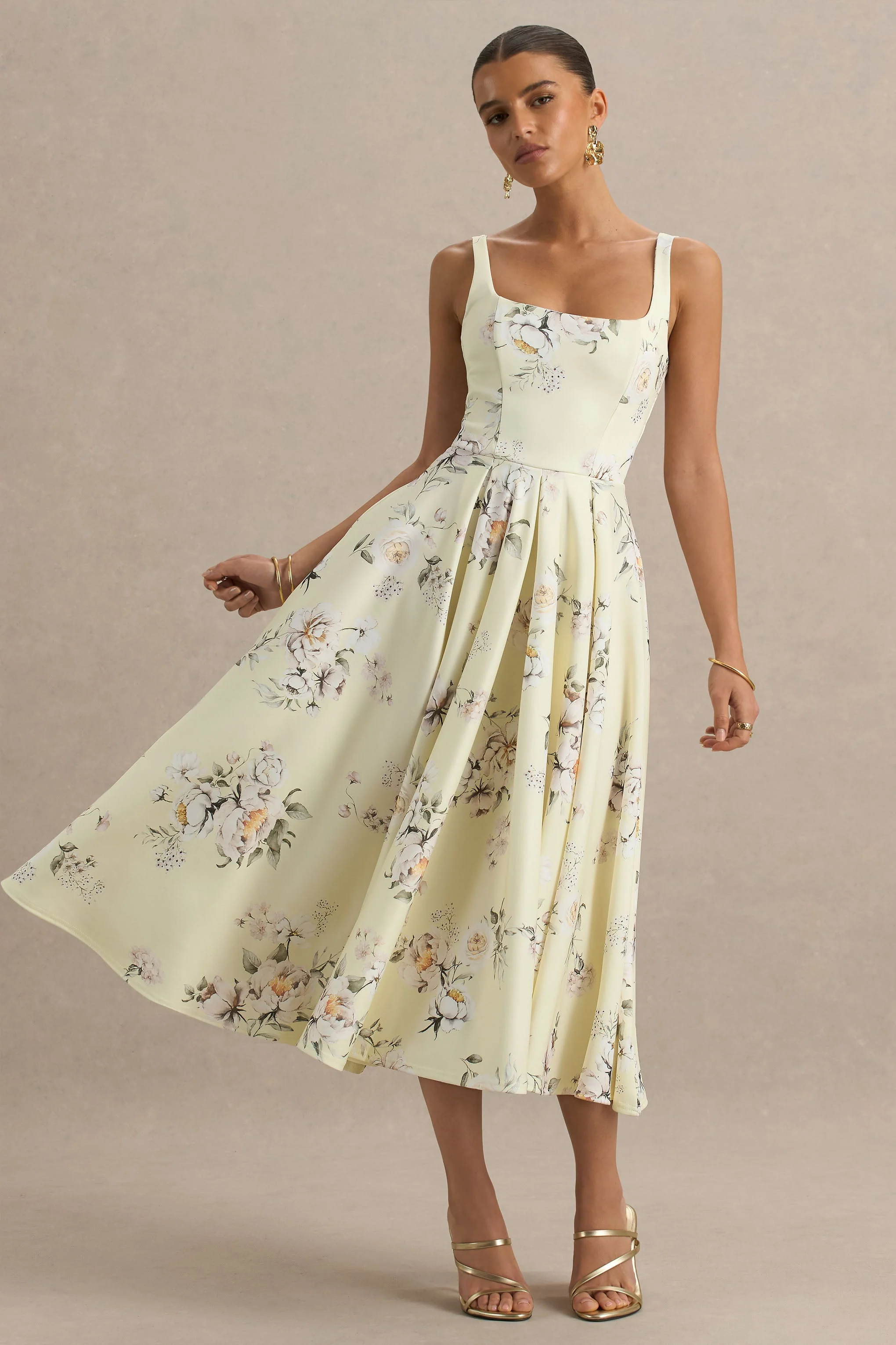 Lissa | Robe mi-longue à col carré avec imprimé bouquet floral citron - Image 5