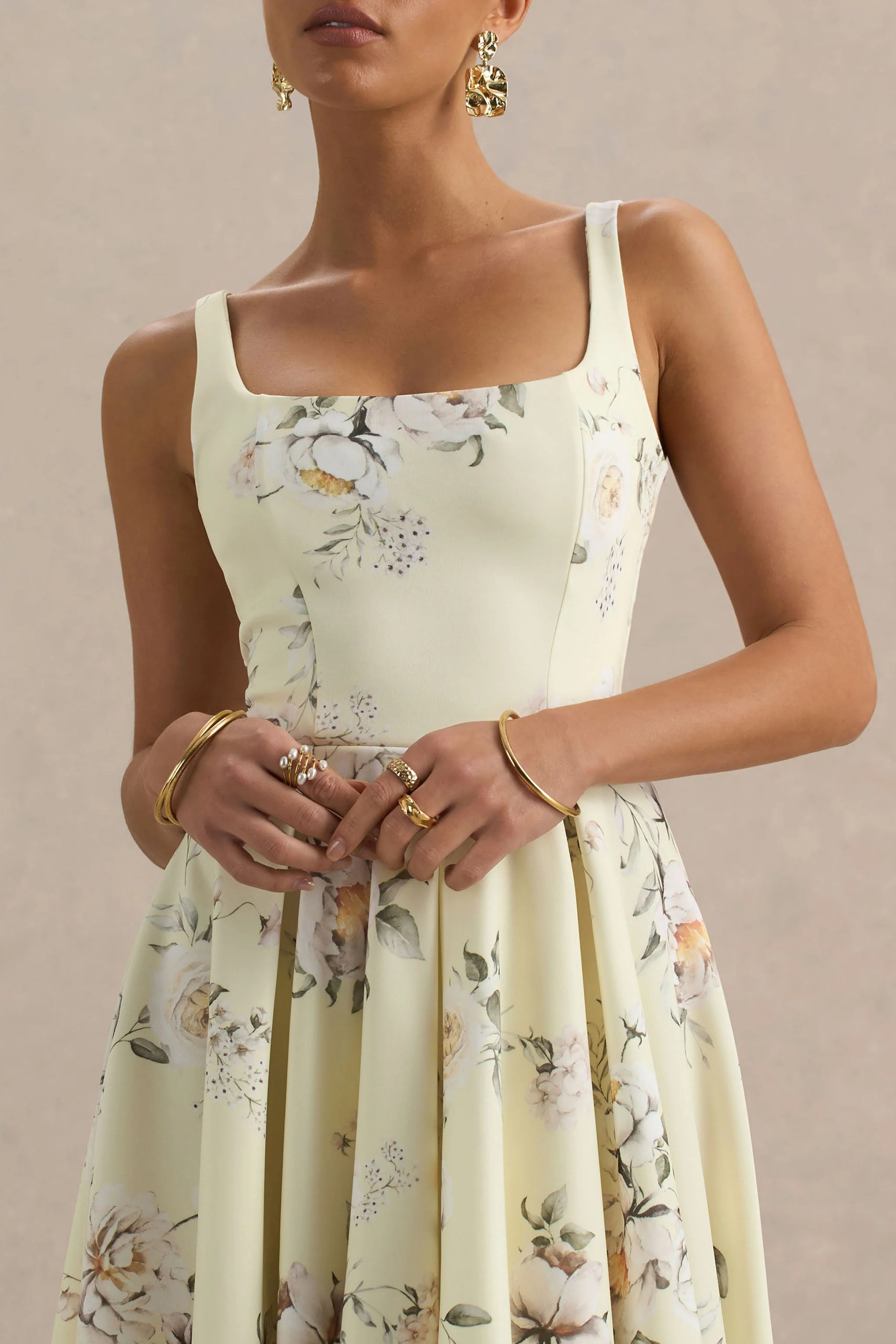 Lissa | Robe mi-longue à col carré avec imprimé bouquet floral citron - Image 6