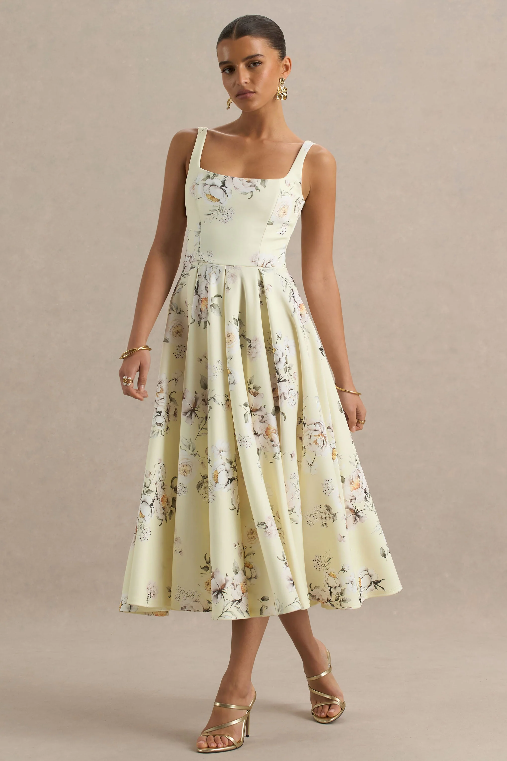 Lissa | Robe mi-longue à col carré avec imprimé bouquet floral citron - Image 7