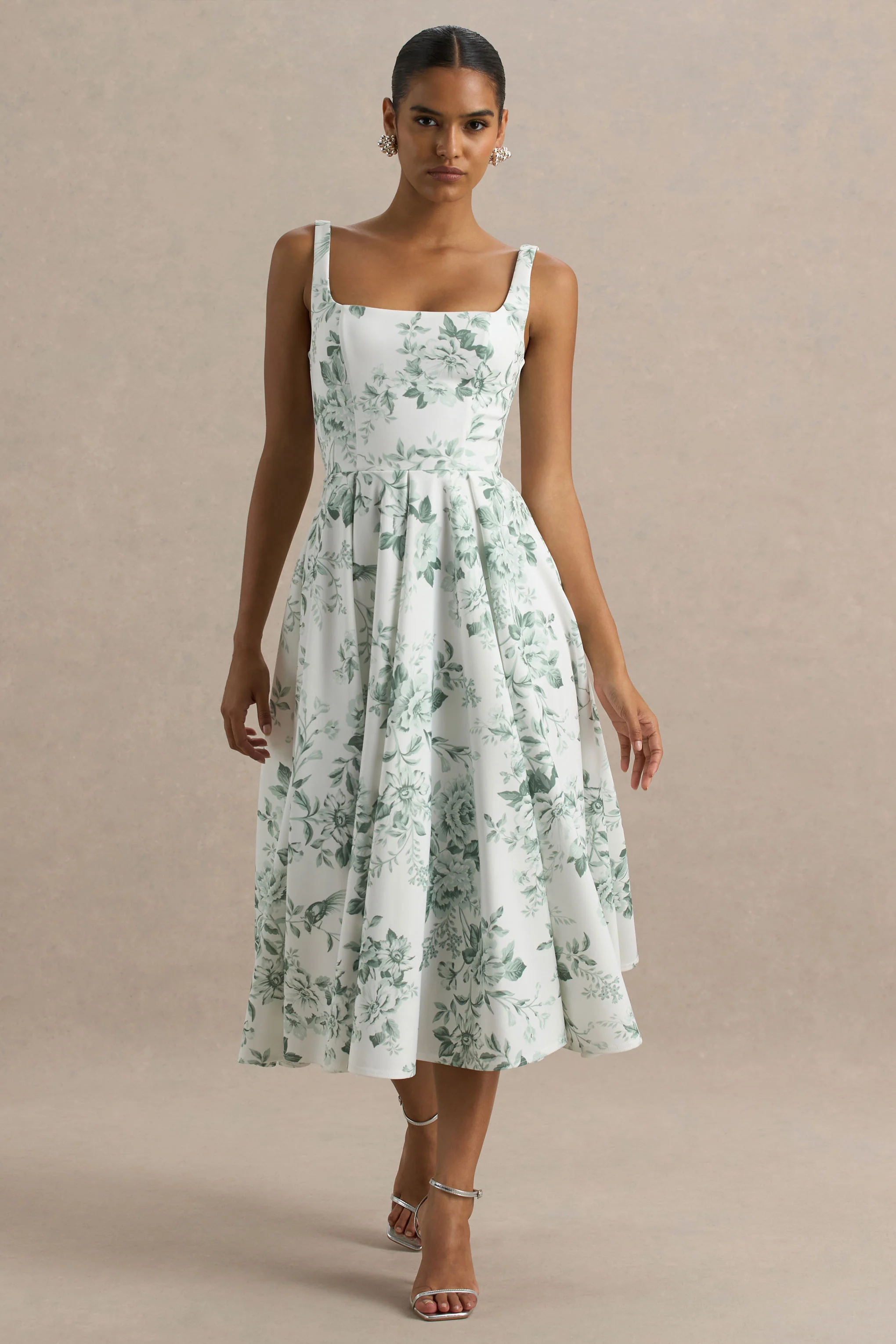 Lissa | Robe mi-longue à encolure carrée avec imprimé porcelaine vert - Image 3