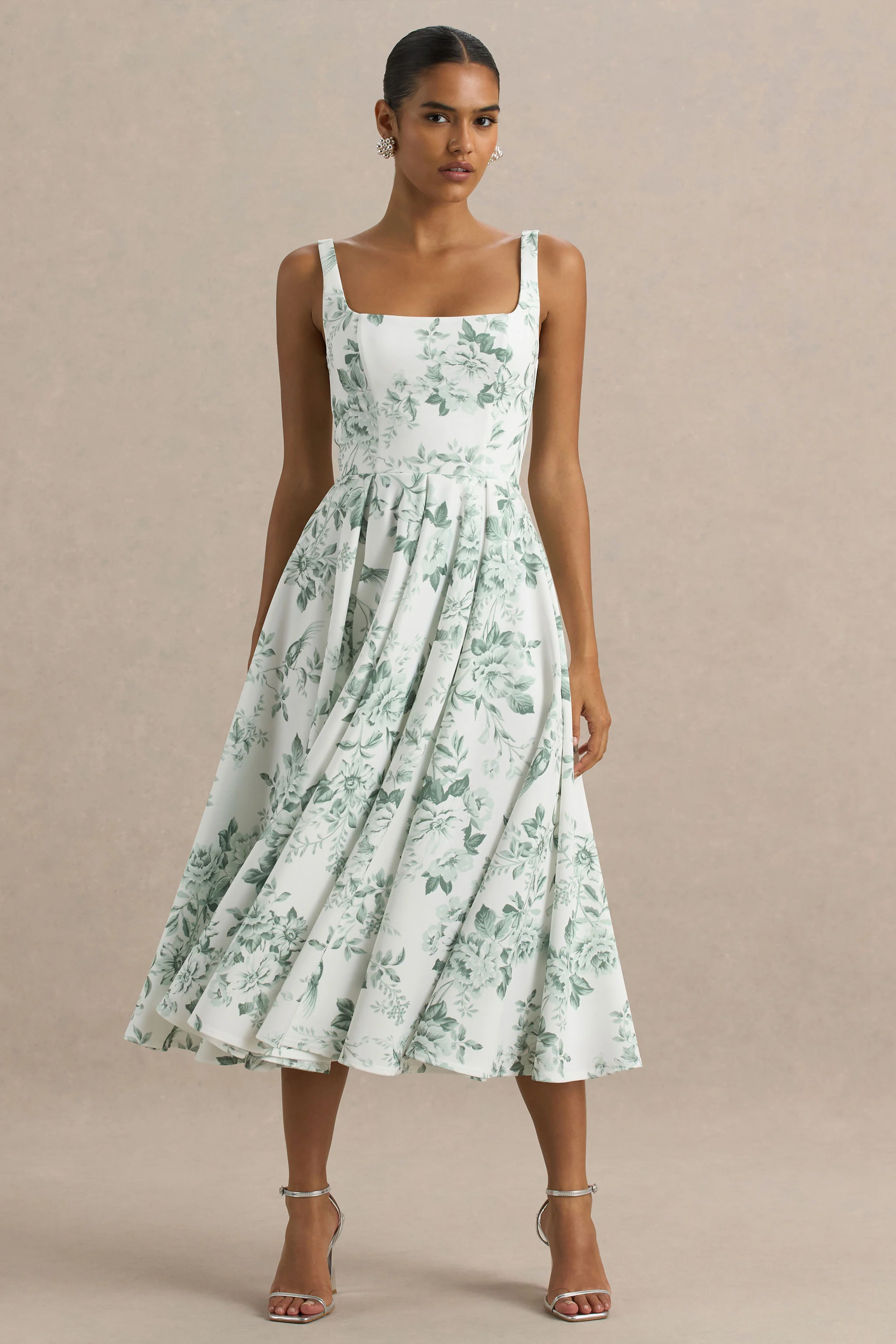 Lissa | Robe mi-longue à encolure carrée avec imprimé porcelaine vert - Image 4