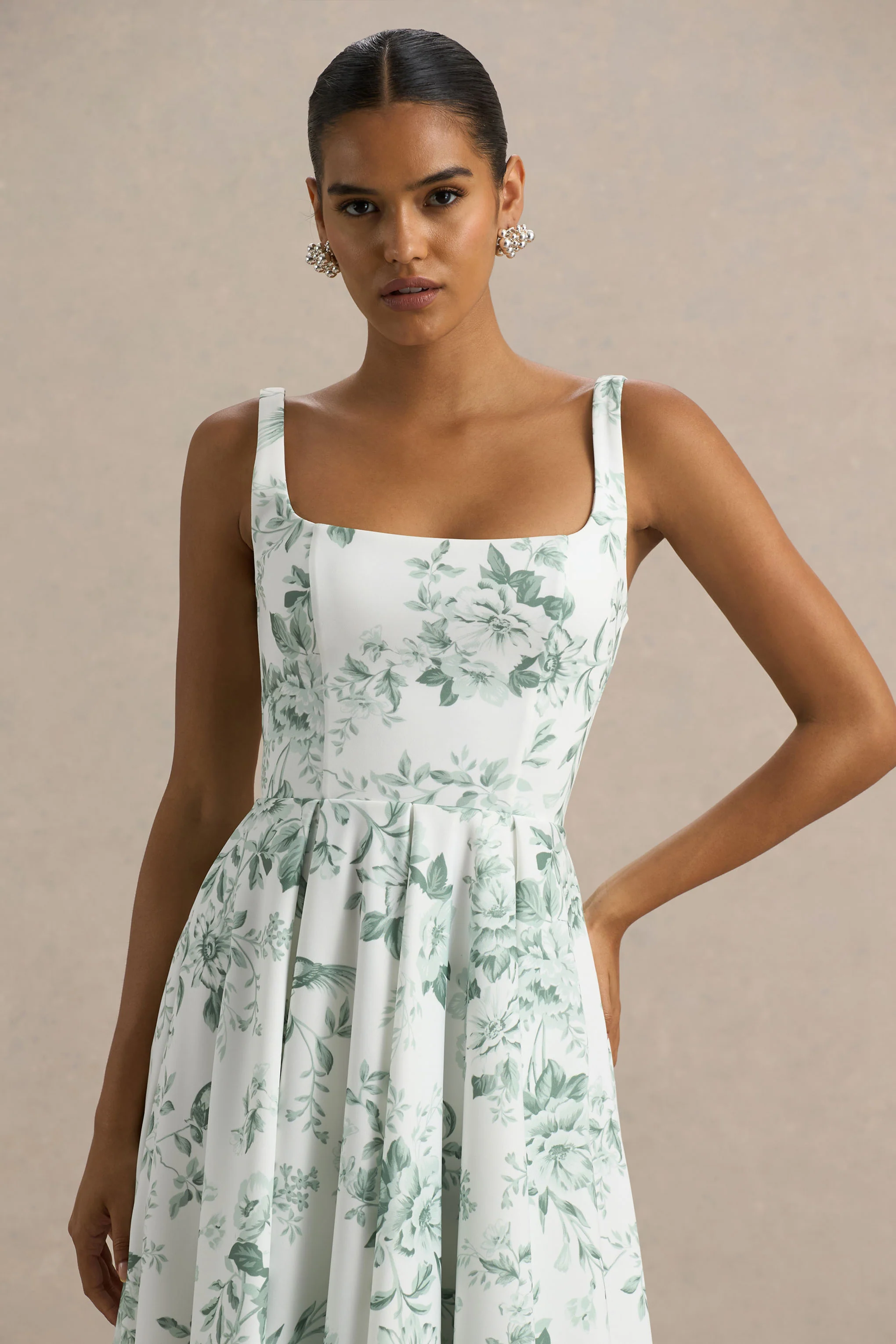 Lissa | Robe mi-longue à encolure carrée avec imprimé porcelaine vert - Image 5