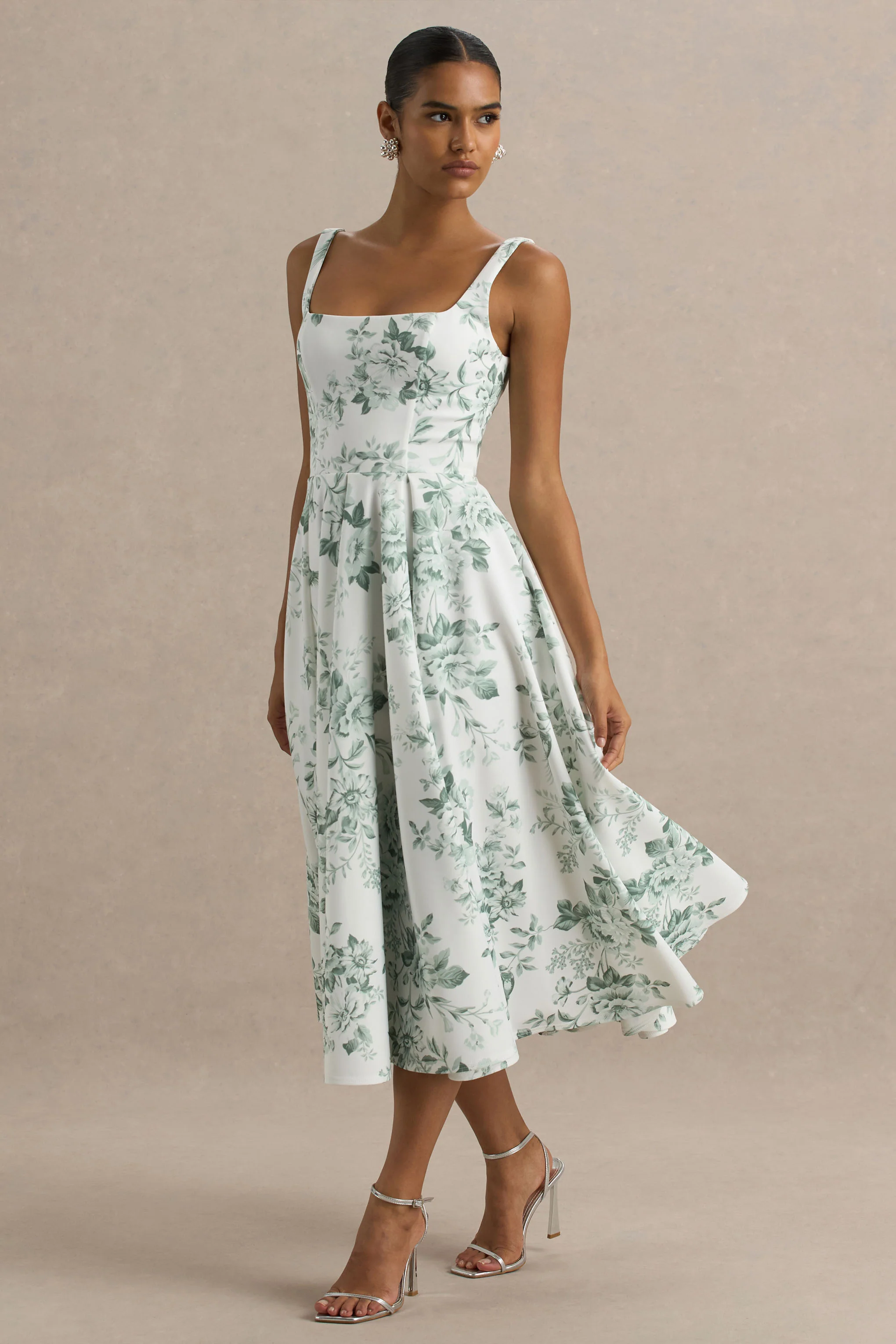 Lissa | Robe mi-longue à encolure carrée avec imprimé porcelaine vert - Image 6