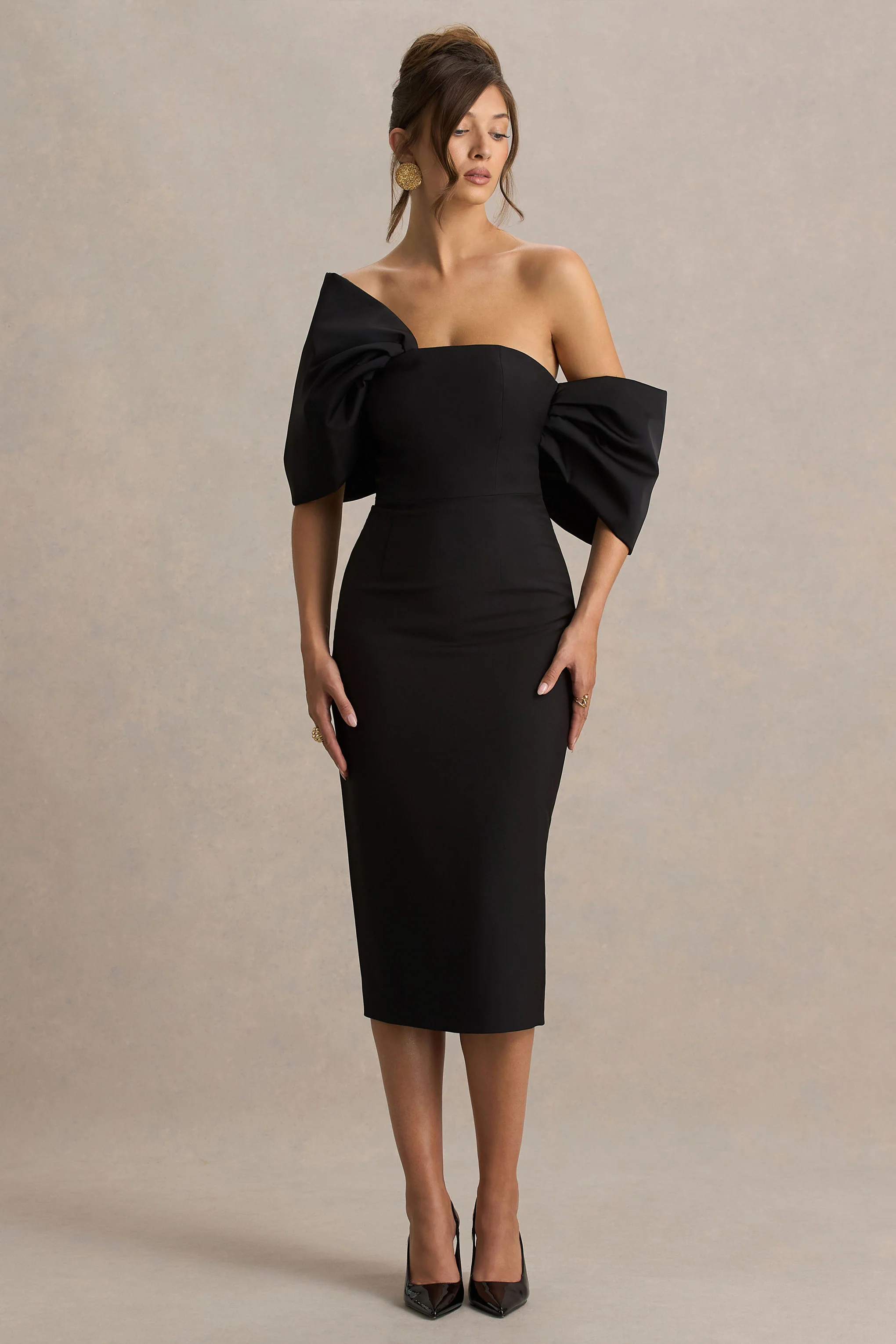 Lucille | Robe Mi-Longue Bardot Asymétrique Noire - Image 4