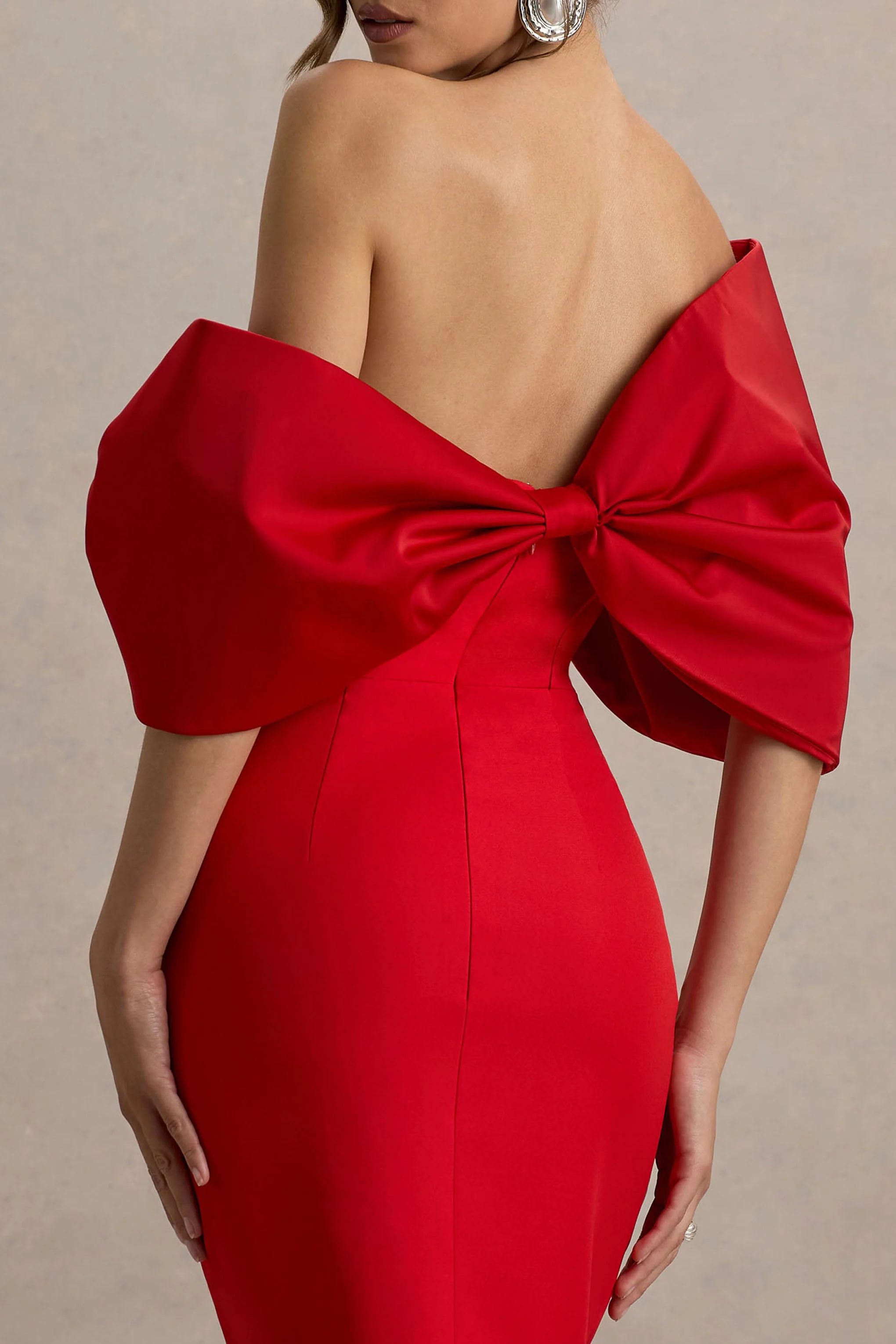 Lucille | Robe mi-longue Bardot asymétrique rouge - Image 3