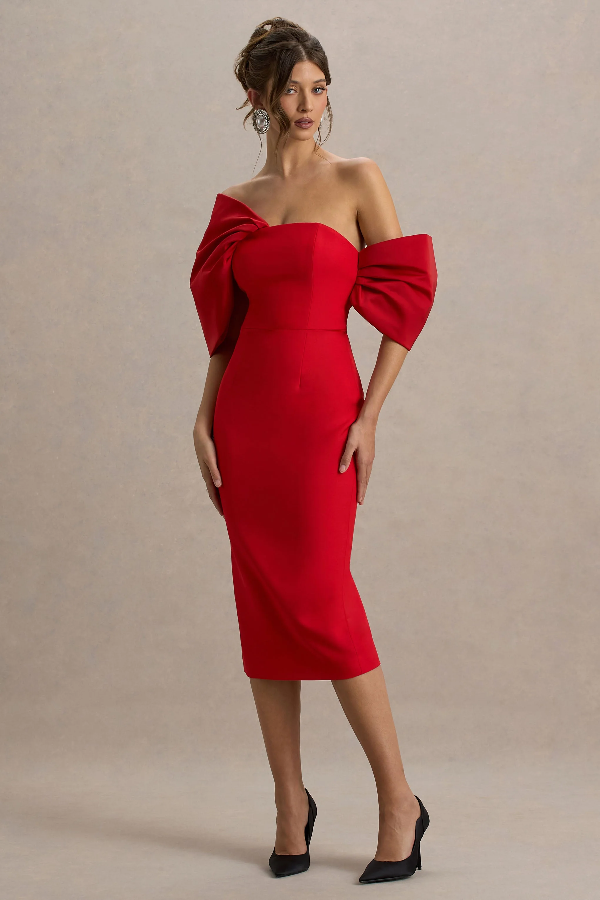 Lucille | Robe mi-longue Bardot asymétrique rouge - Image 4