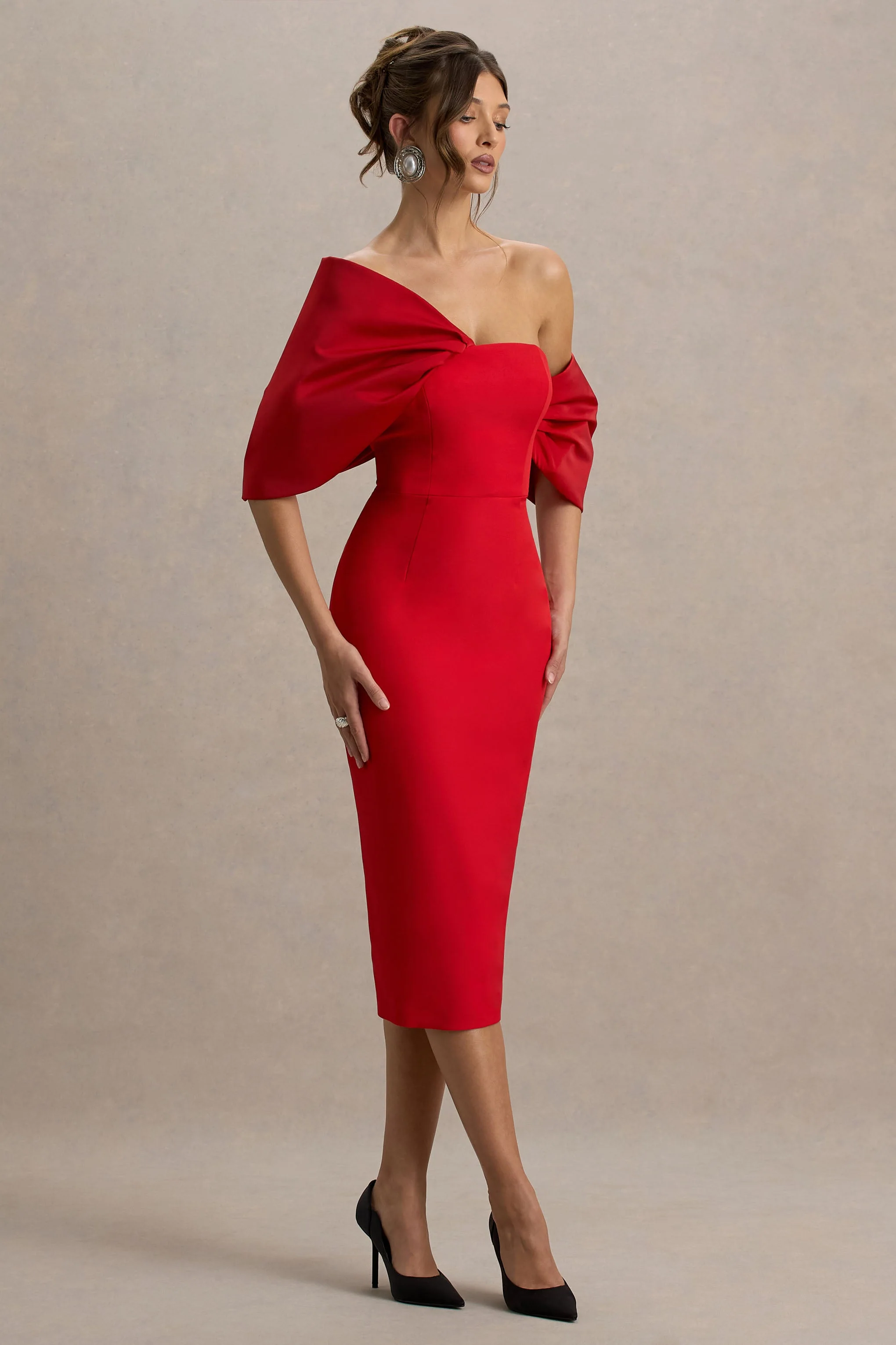 Lucille | Robe mi-longue Bardot asymétrique rouge - Image 5